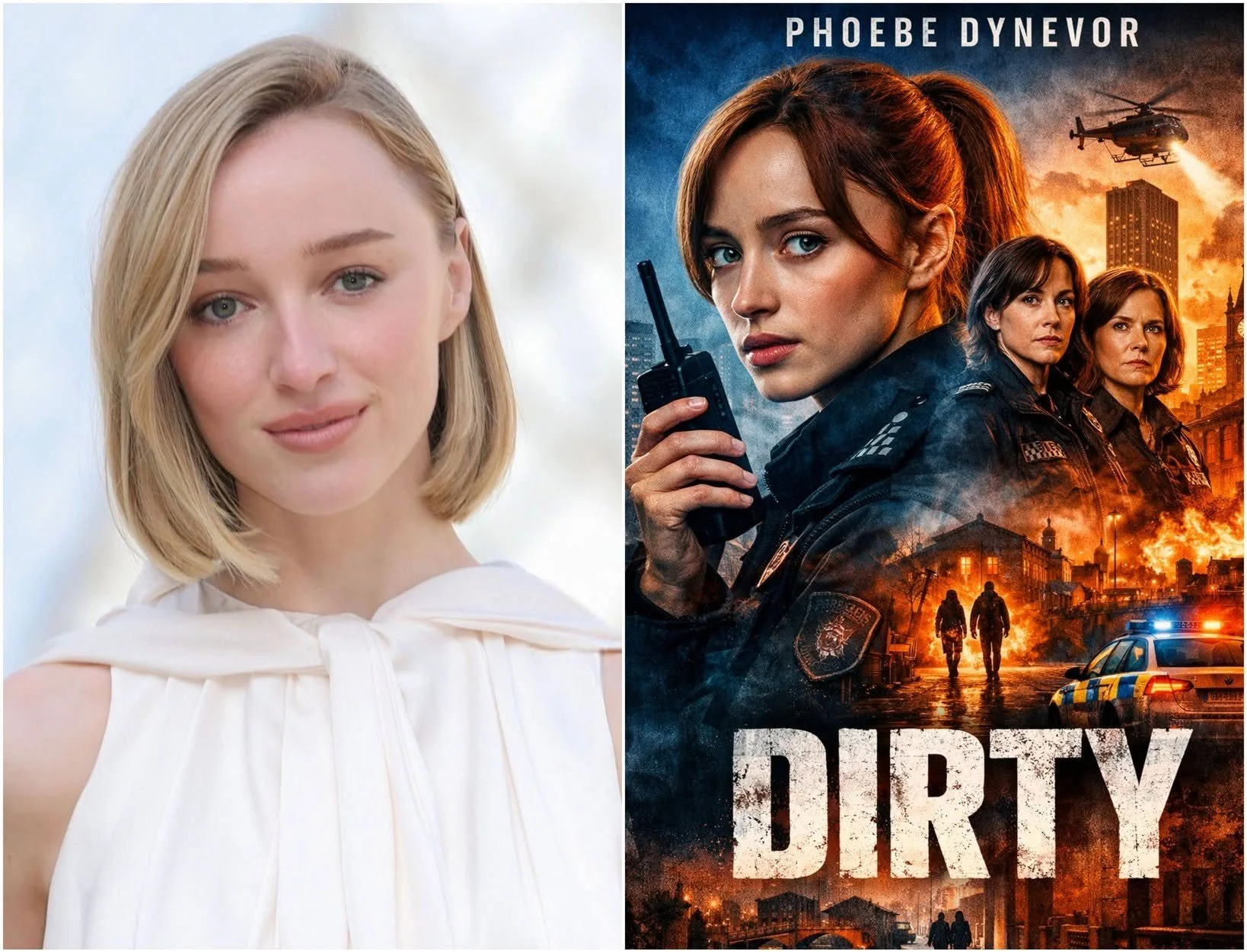 Composite image with a portrait of a young woman with blonde hair on the left and a movie poster for 'Dirt' on the right. The poster features a woman in a police uniform holding a walkie-talkie, with a cityscape in flames and emergency vehicles in the background.