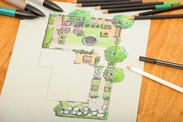 Hagedesign-skisse med trær, busker, en fontene, og forskjellige plantebedd, omgitt av fargepenner og en blyant.