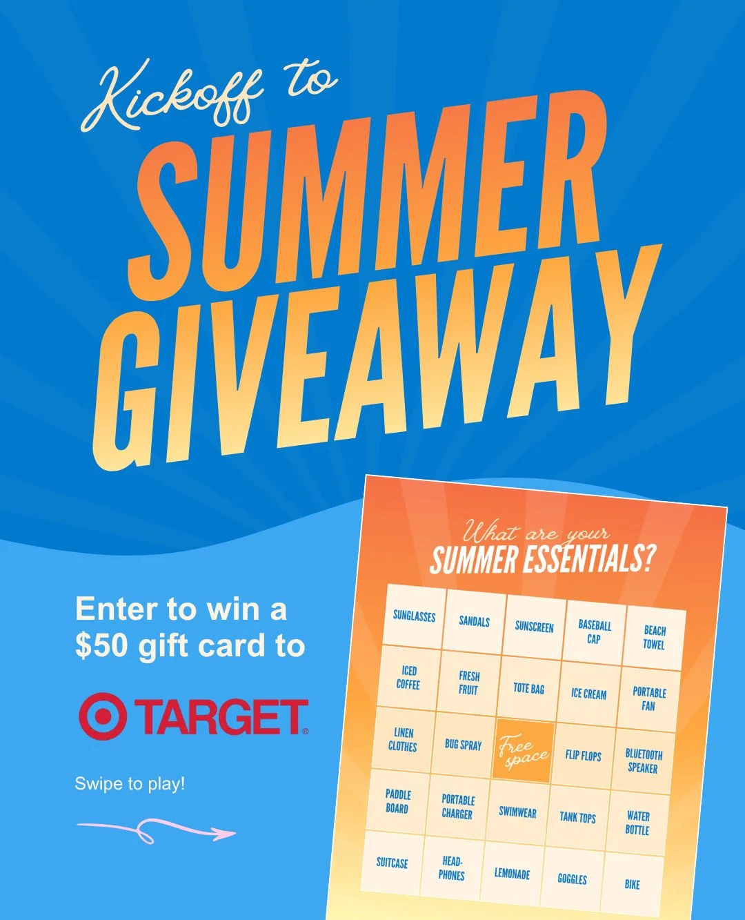 🎉 GIVEAWAY TIME! 🎉 We&rsquo;re kicking off summer with a chance to win a $50 gift card to @target.

To enter:
1. Like this giveaway post.
2. Follow us @sunset_esplanade
3. Comment your favorite summer essentials from the bingo board (second slide)
