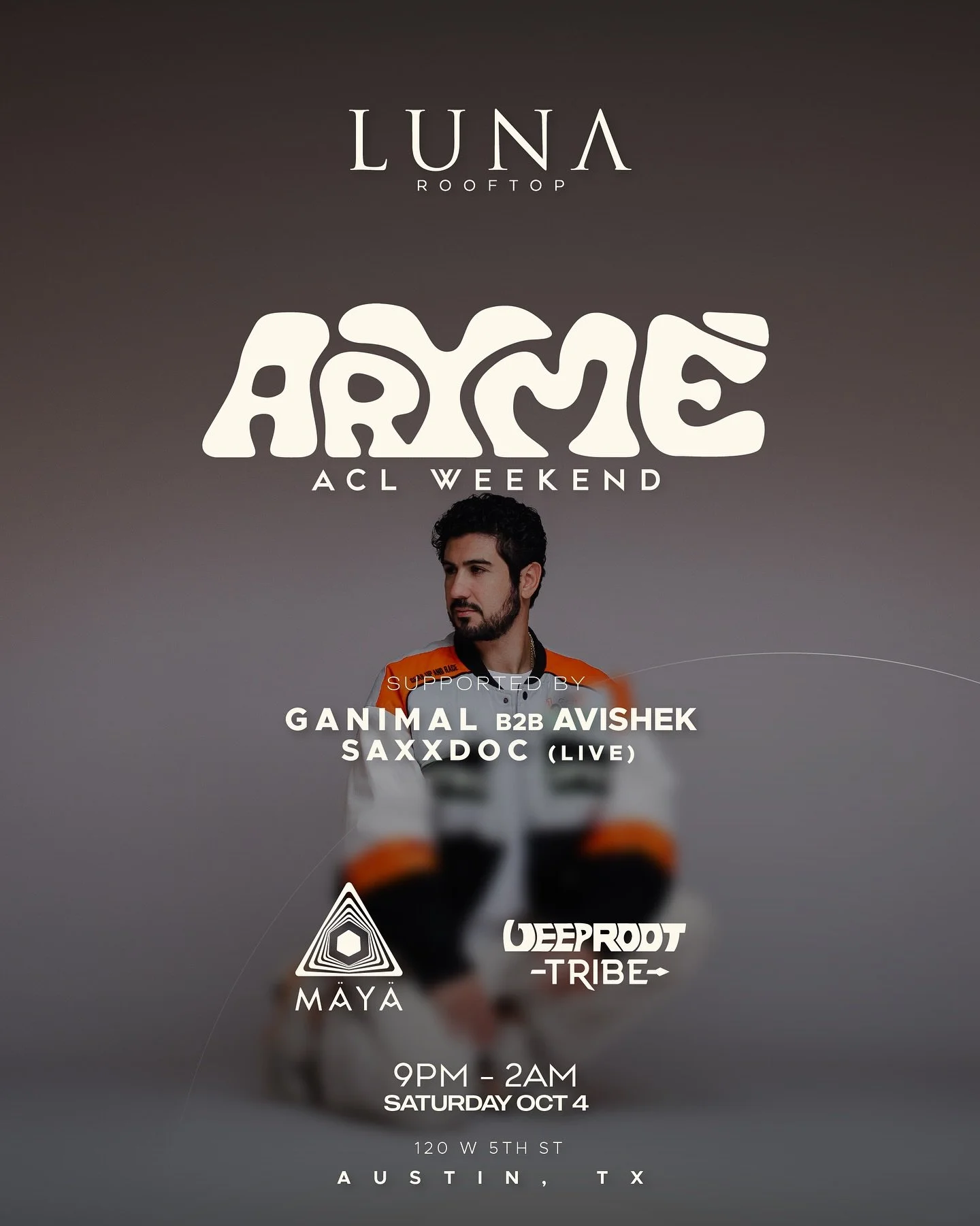 Stoked to host &amp; play support for @deeproottribe&rsquo;s very own @aryme_music this Saturday after @aclfestival 

Gonna be another memorable night en la terraza @lunarooftop.atx 

Ticket link in bio ya heard 👊🏽