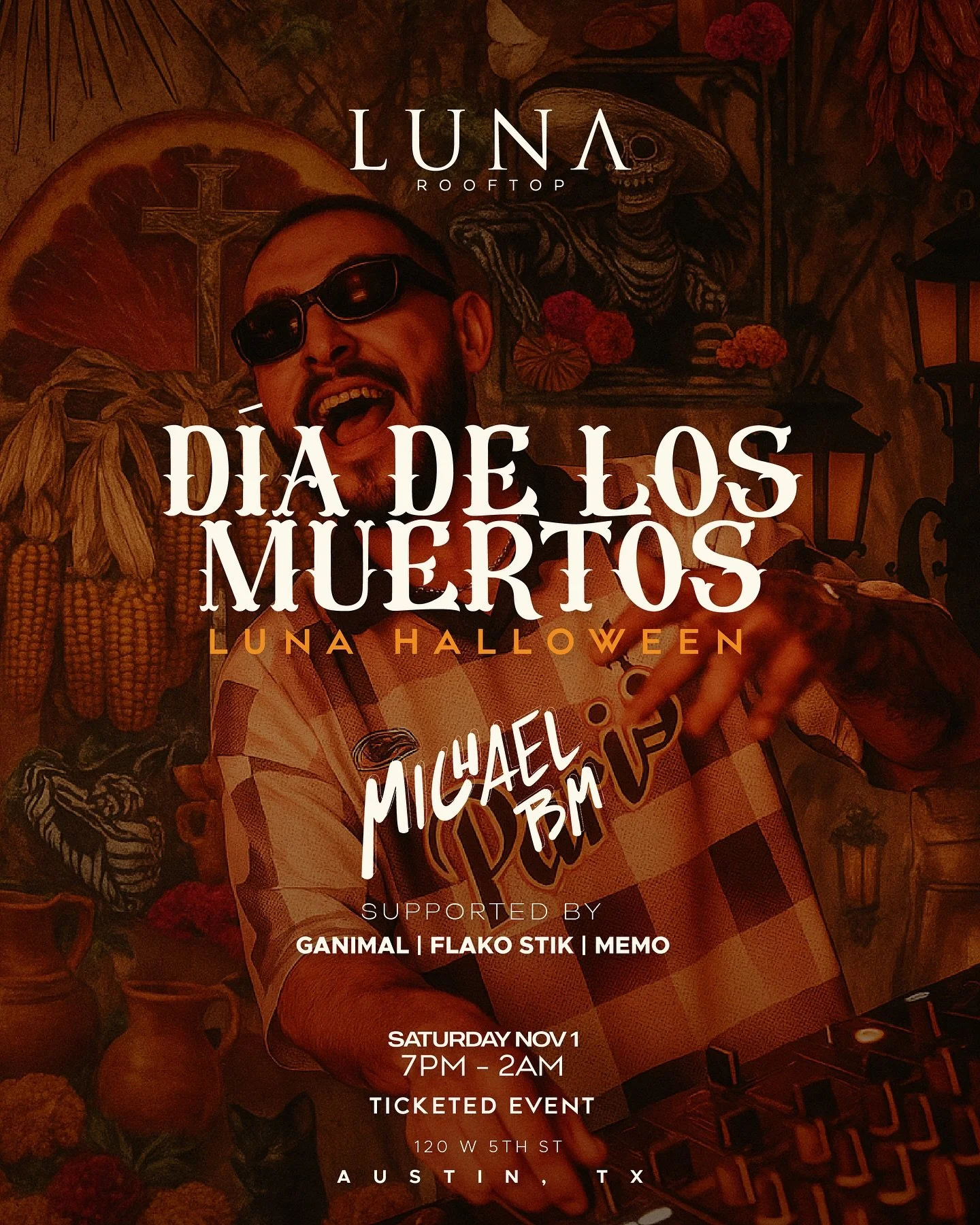 Excited to play support for latin house maestro @michaelbmmusic this Saturday /// properly celebrate D&iacute;a de Los Muertos

This will be our last artist booking at @lunarooftop.atx for 2025 so expect a rockin party from start to finish

Ticket li
