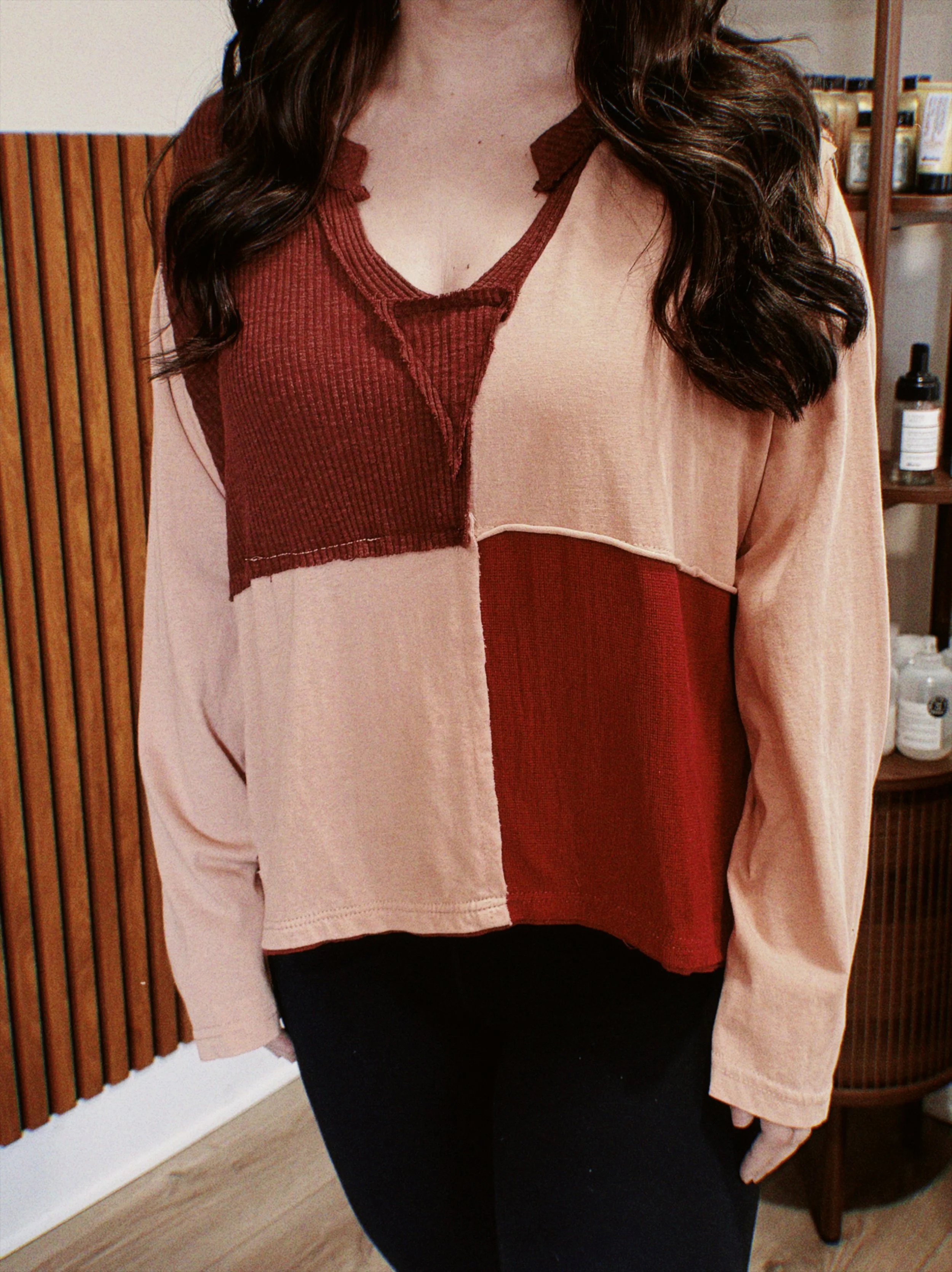 Red/coral color block long sleeve