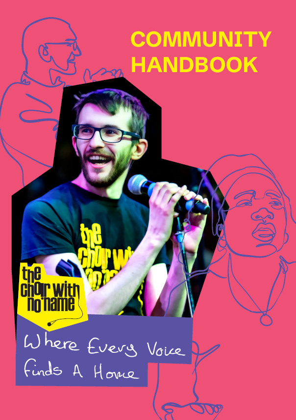 colourful community handbook cover, featuring a smiling singer at a mic, with a beard and glasses