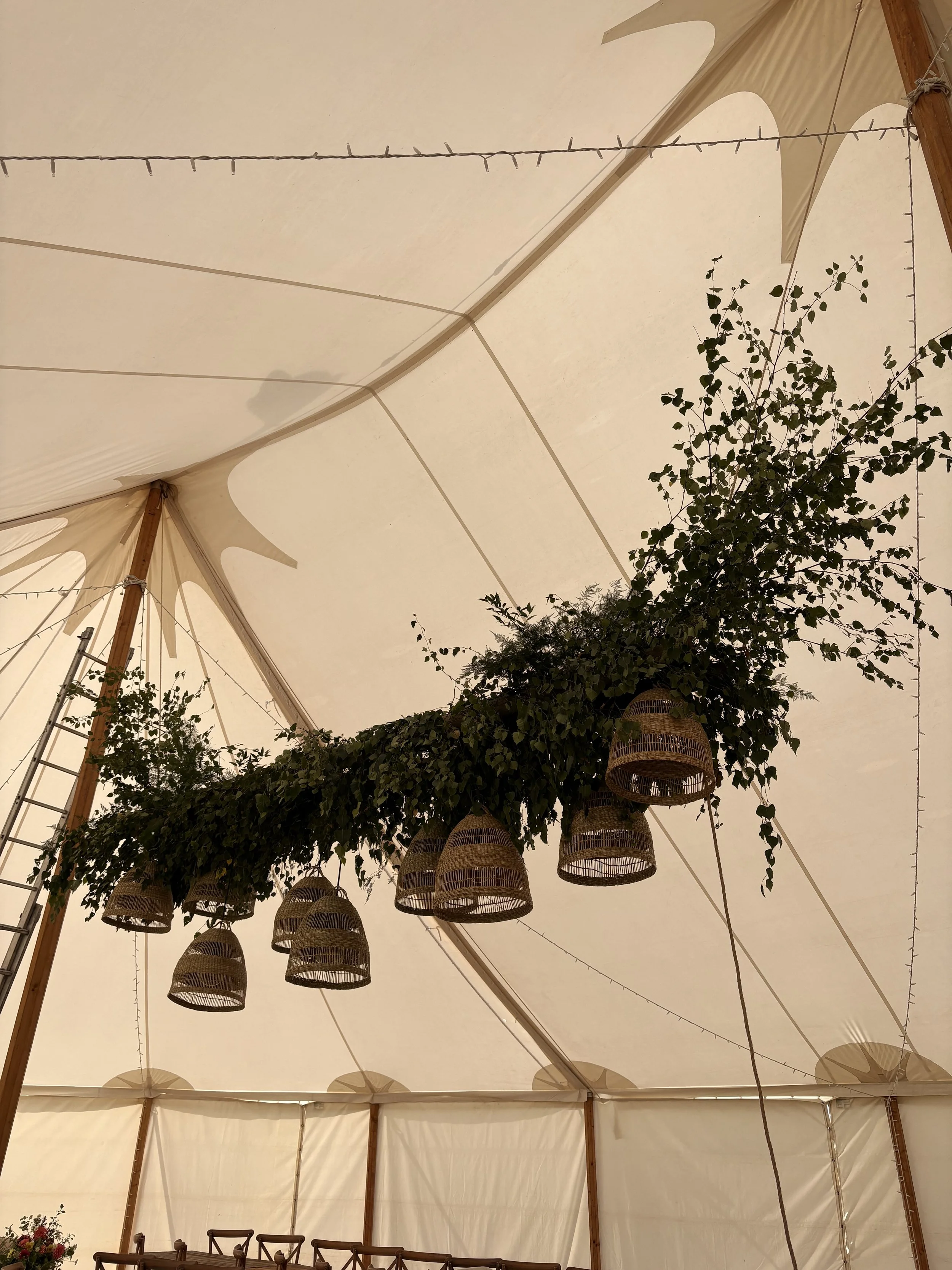 Interior of a large tent with a canopy decorated with hanging wicker pendant lights, greenery, and a ladder in the corner.