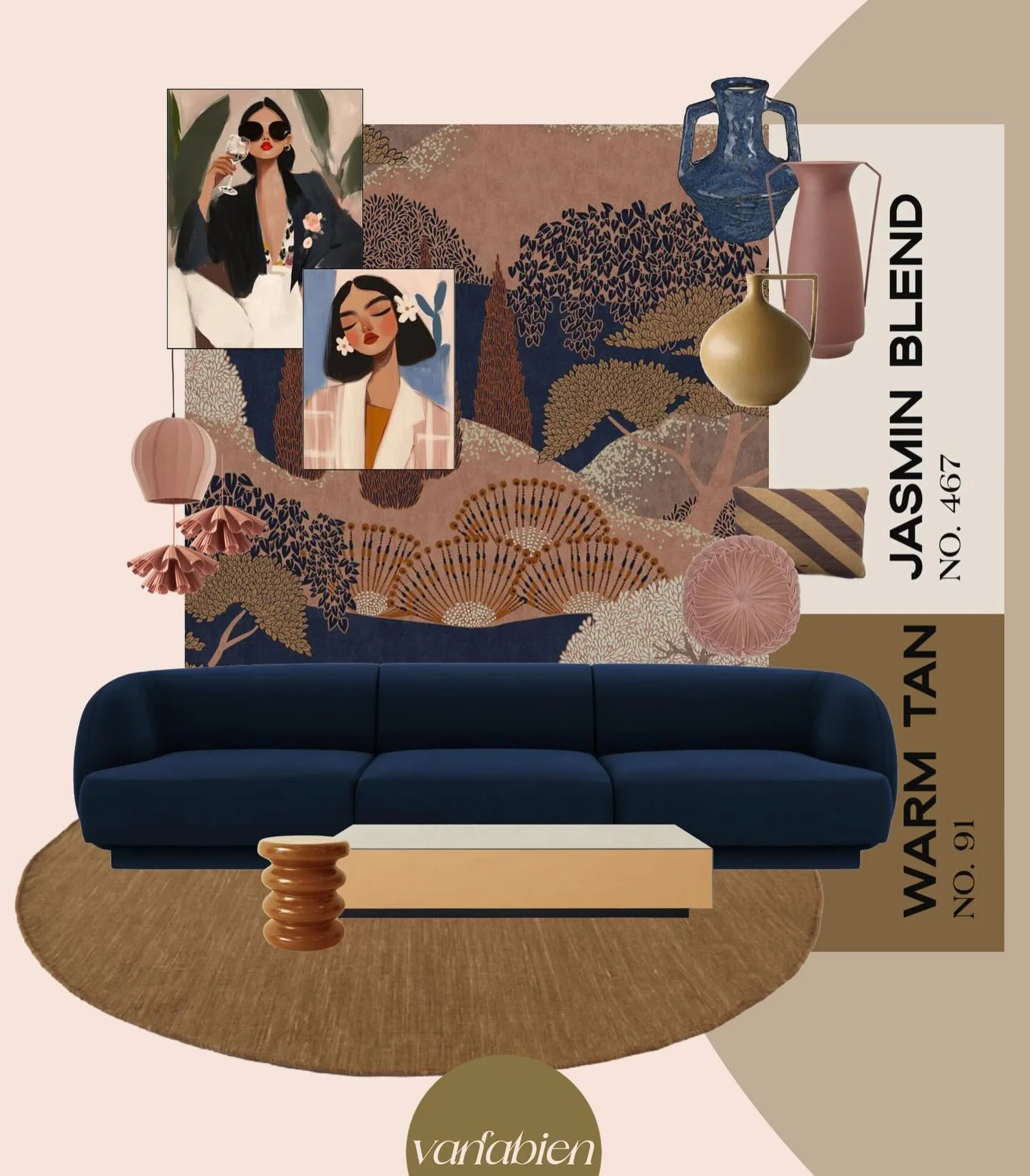 Een zithoek die warmte, kleur en karakter samenbrengt. In dit meubel- en materiaalplan combineer ik een diepe blauwe bank met warme aardetinten, zachte roze accenten en een grafisch behang met rijke prints. Door verschillende texturen, kleuren en vor