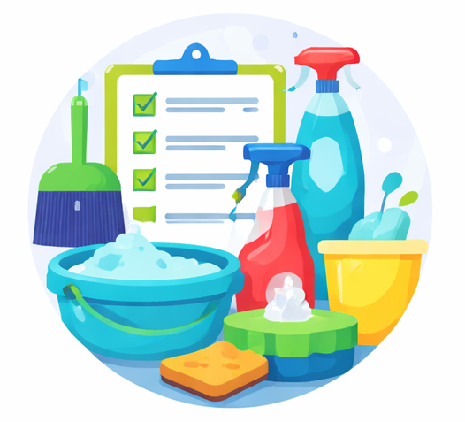 Cleaning supplies including a dustpan and brush, sponge, soap, mop, gloves, laundry detergent, shampoo or fabric softener, scrub brushes, and a laundry basket.