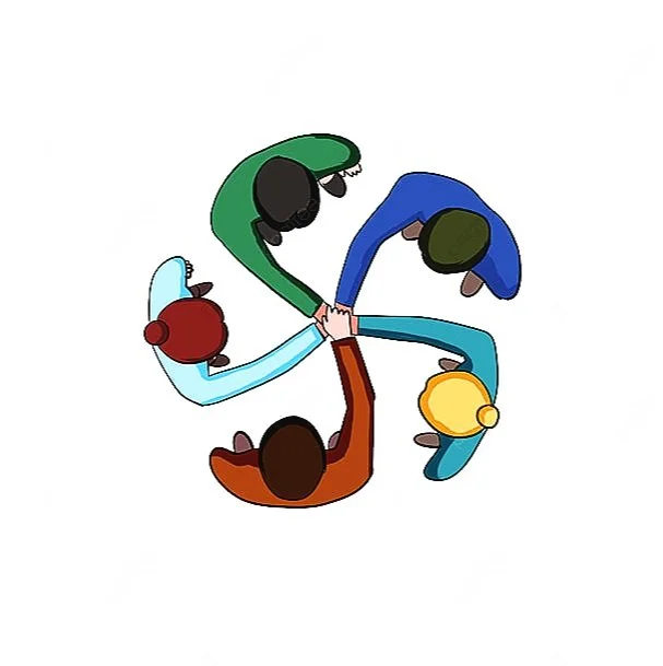 Illustration of five diverse cartoon characters holding hands in a circle, viewed from above.