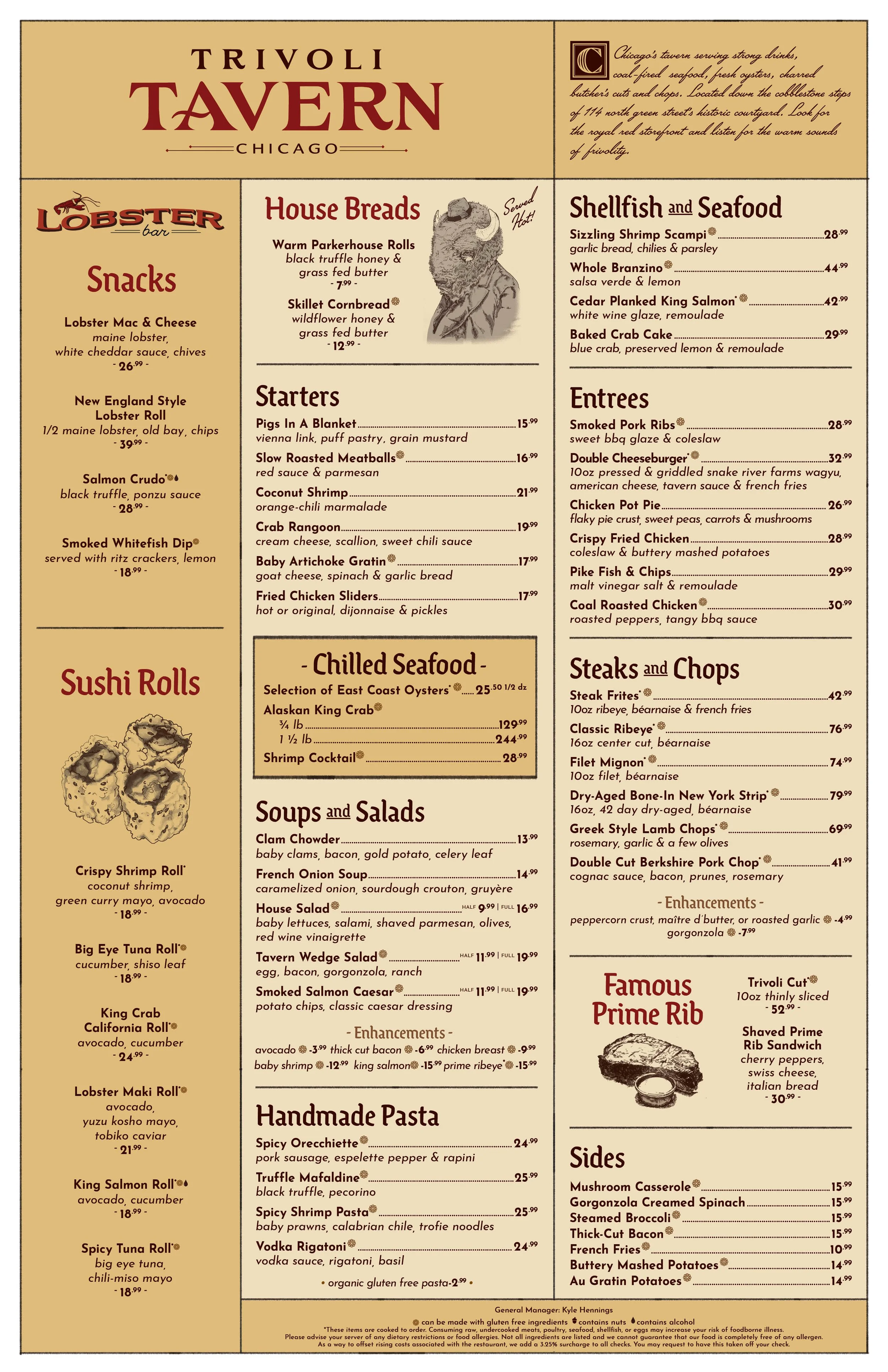 The Trivoli Tavern menu located in Chicago, featuring snacks, sushi rolls, house breads, shellfish and seafood, starters, soups and salads, entrees, steaks and chops, handmade pasta, sides, and desserts.