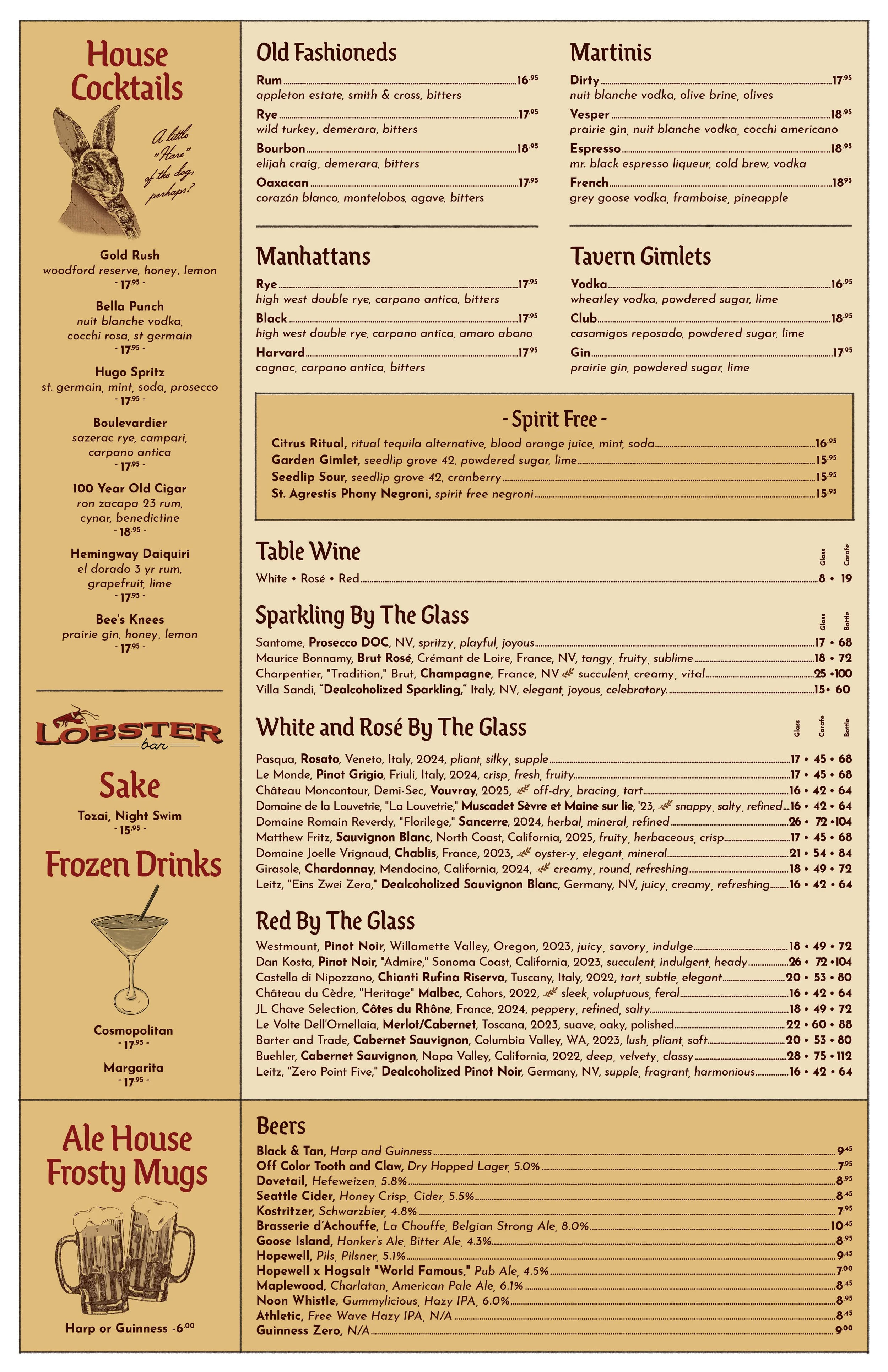 The Trivoli Tavern cocktail menu featuring house cocktails, Old Fashioneds, Martinis, Manhattans, Tavern Gimlets, and various wines, beers, and frozen drinks; located in Chicago.