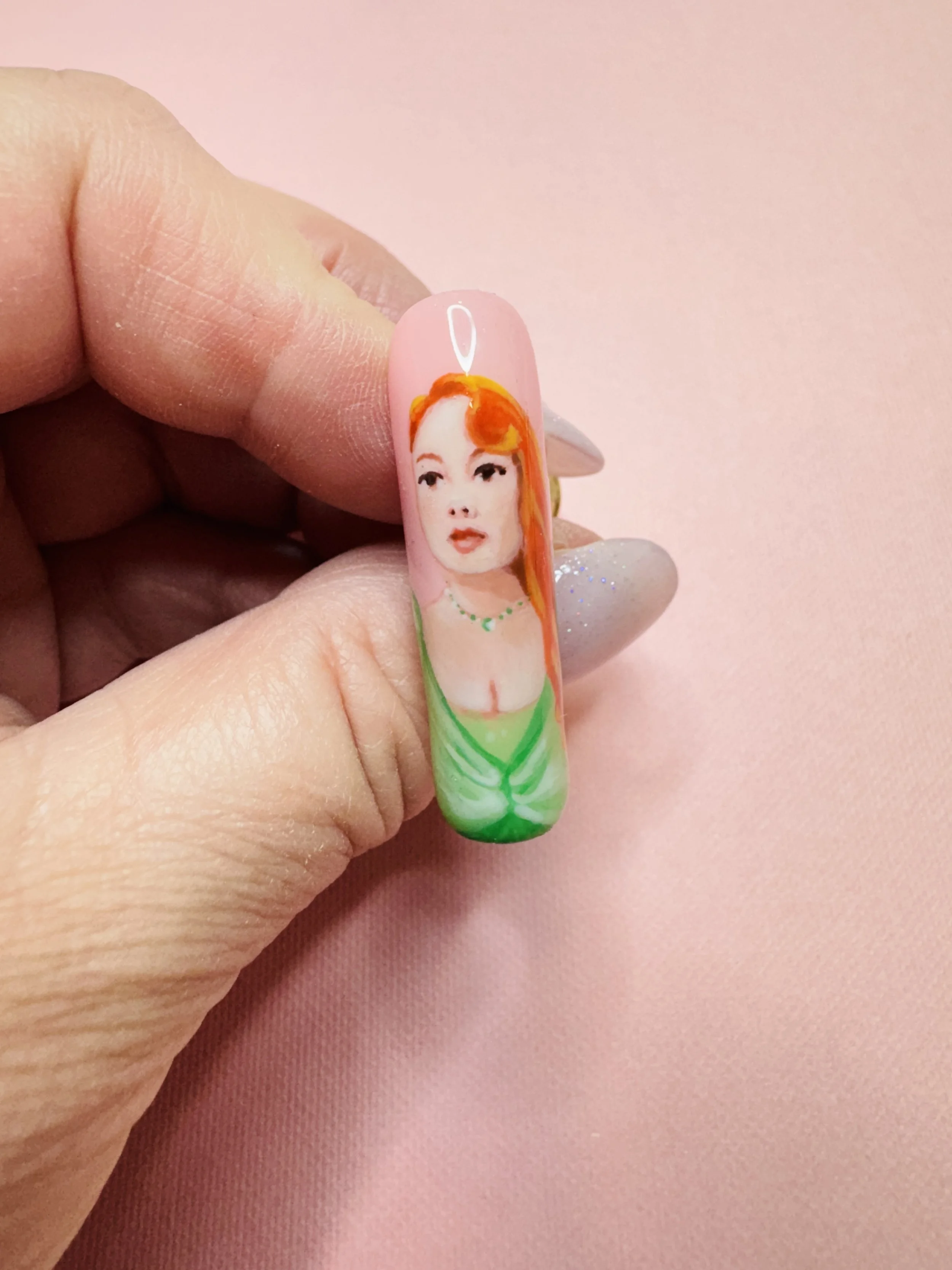 presson nail design featuring portrait of chararcter penelope from Bridgerton