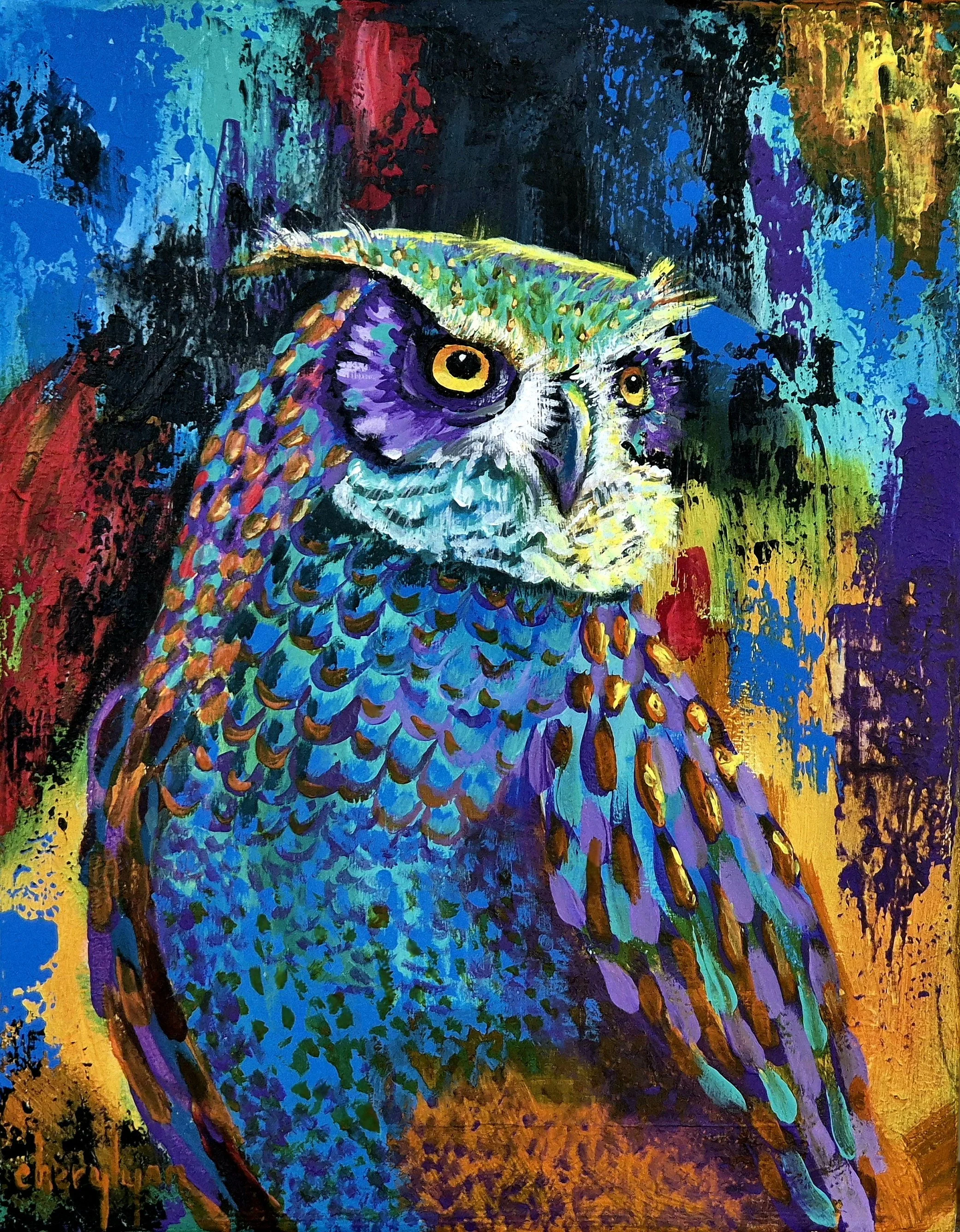 Abstract Owl, original is 16x20" acrylic on canvas $835