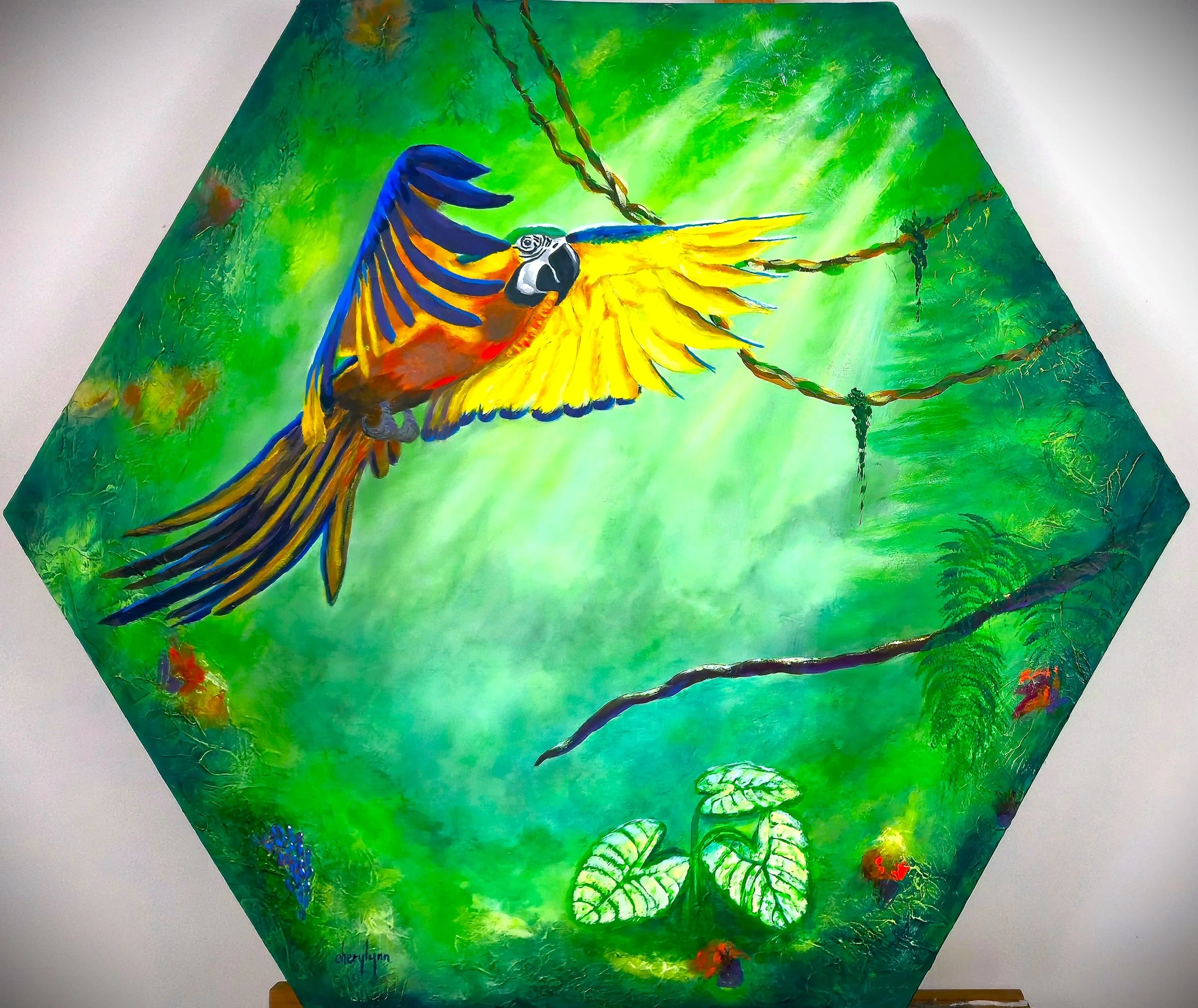 Parrot Jungle. Unusual hexagon canvas, 35" side to side at points, almost 800 square inches. Acrylic with some oil, varnished. $2,100