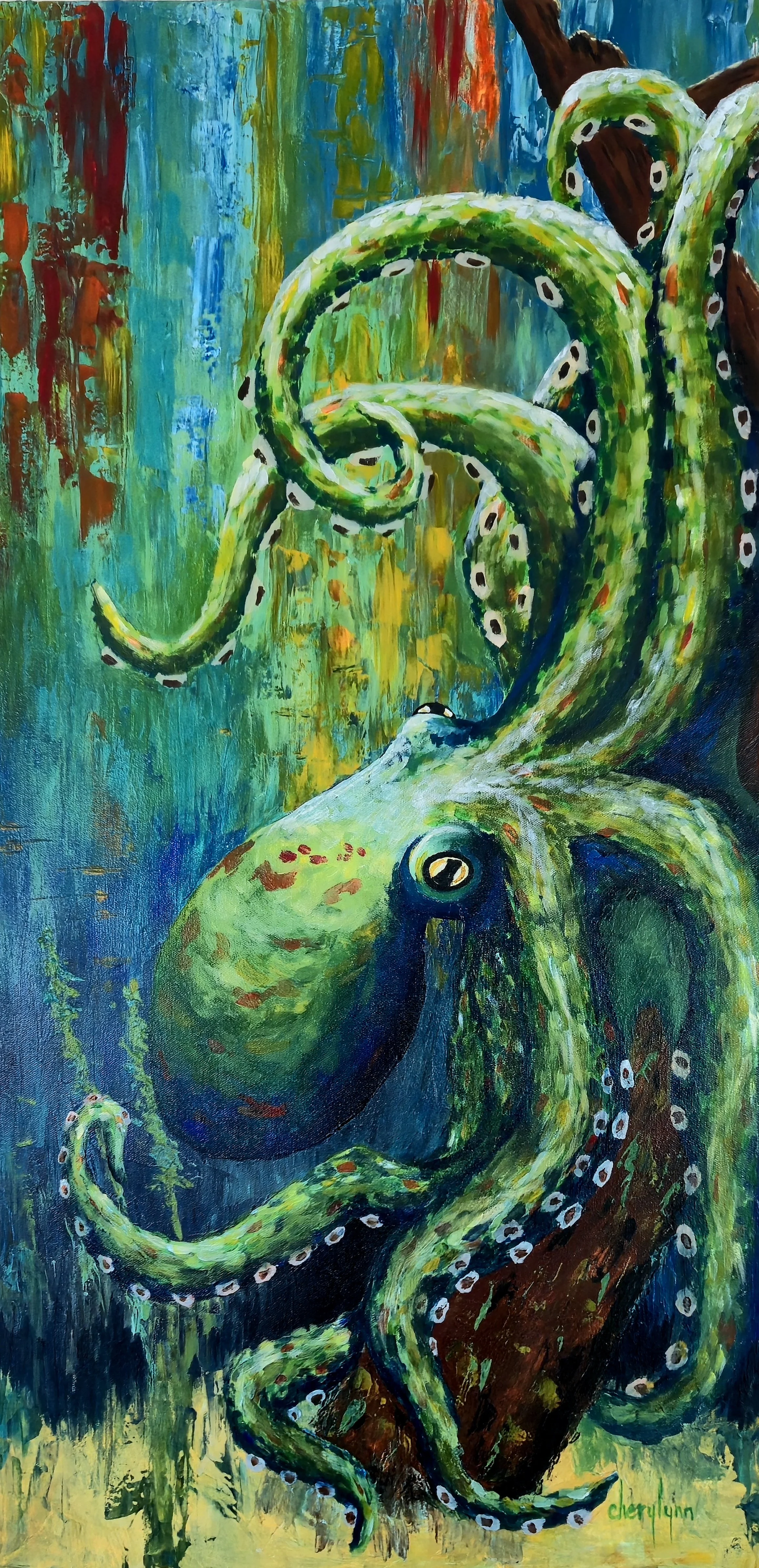 Octopus on a Piling.  18x36" oil over acrylic on canvas. $1,685