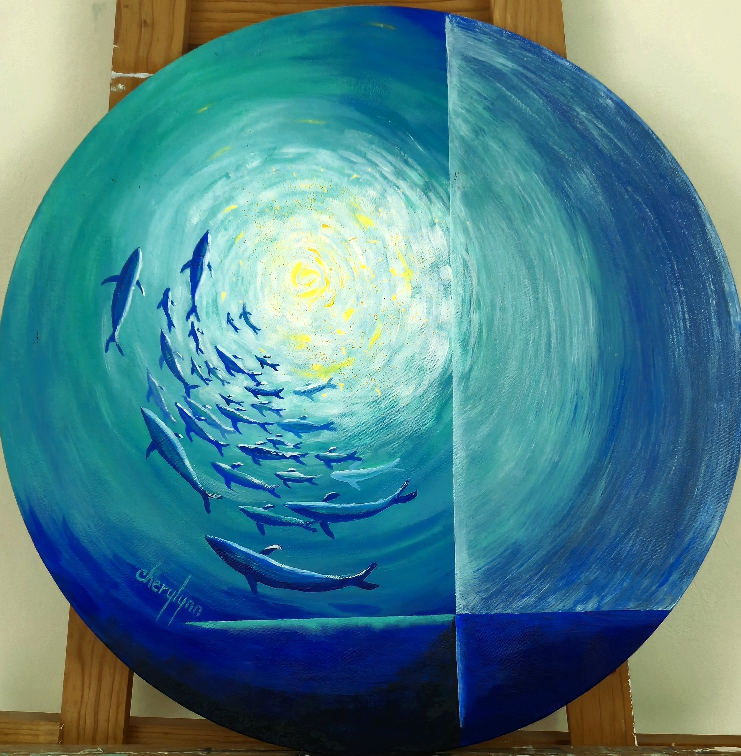 Swimming to the Light. 16" round abstract realism acrylic on canvas. Over 200 sq inches. $500