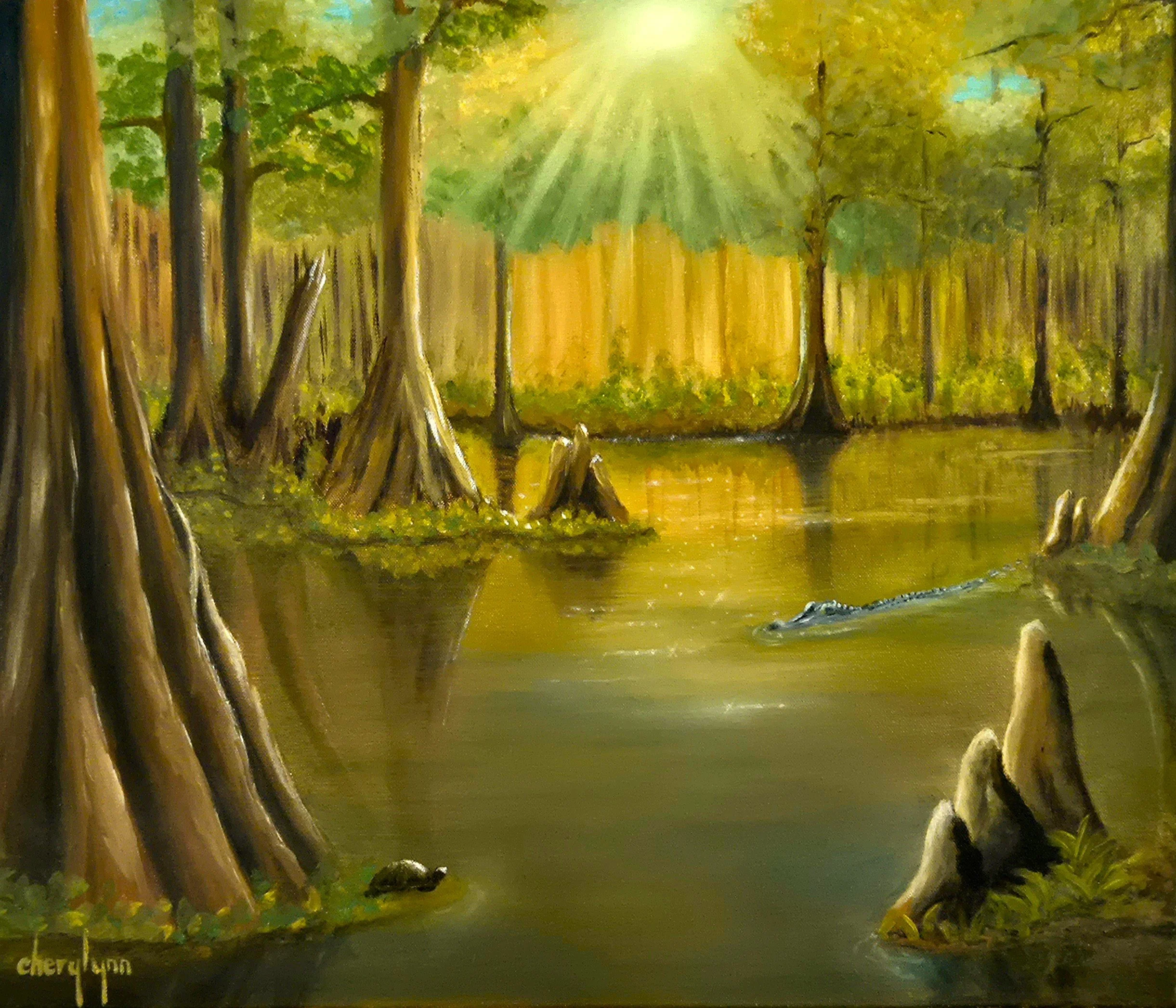Cypress Swamp Morning  original is 20x24" oil over acrylic on canvas, deep edges finished. $1,250