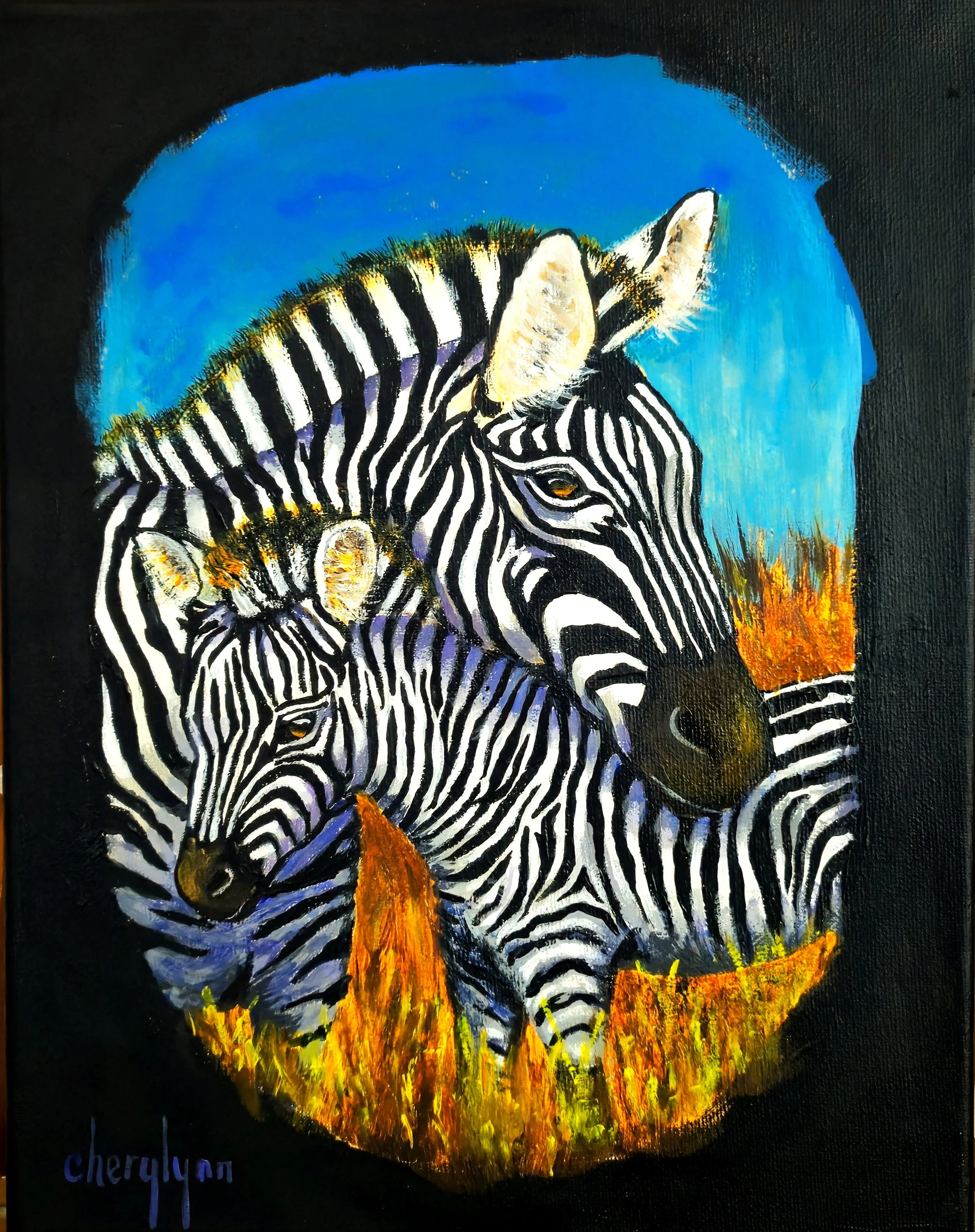 Vignette of zebras in acrylic on 11x14" canvas. $400