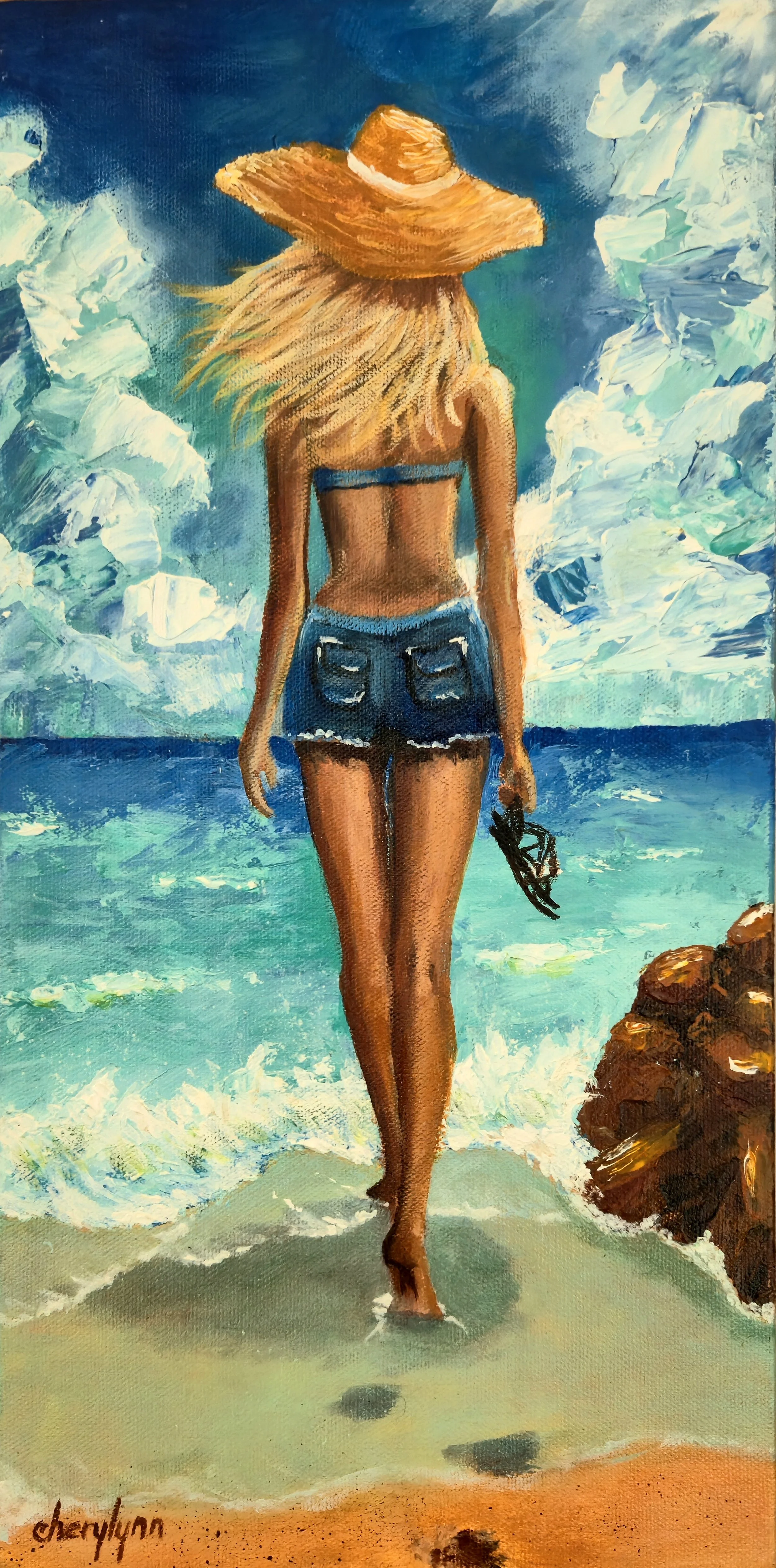 Beach Hat Series Wading. 8x16" oil over acrylic on canvas. $330