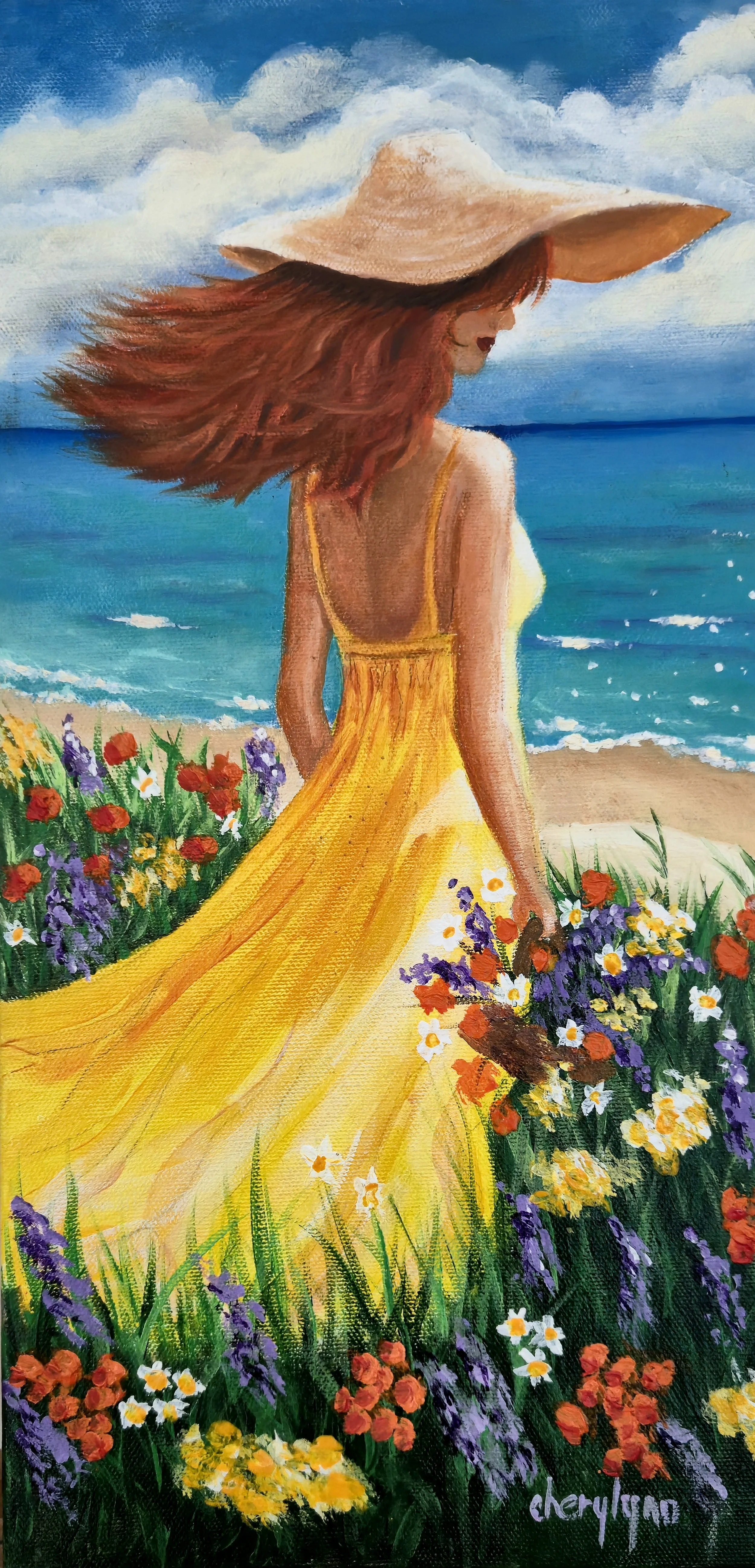 Beach Hat Series Flowers on the Beach. 8x16" oil over acrylic on canvas. $330