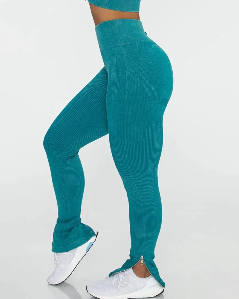 Ribbed Racer Back Bra Zipper Detail Legging Set