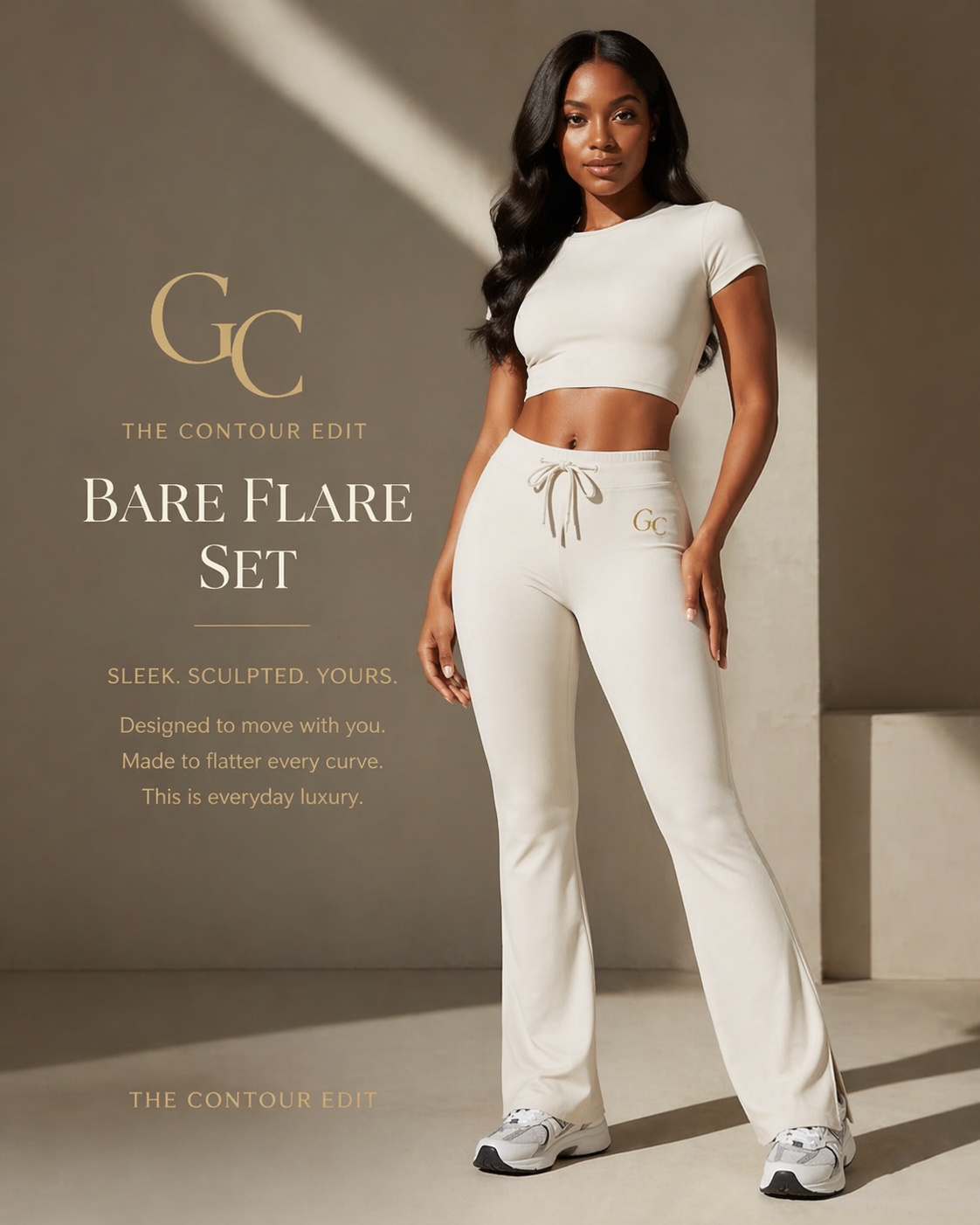 A woman in a white crop top and matching sweatpants with a logo, standing in front of a beige background with promotional text about the G.C. Bare Flare Set, emphasizing sleekness and comfort.