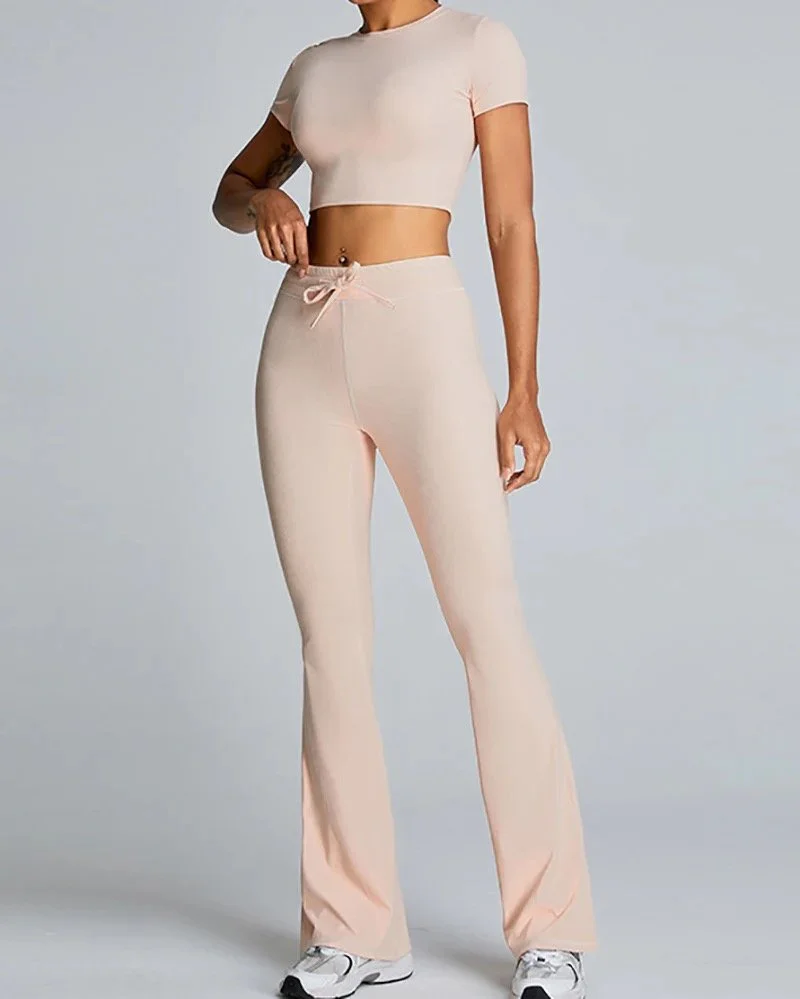 Slim Short Sleeve Crop Top & Wide Leg Pant Set