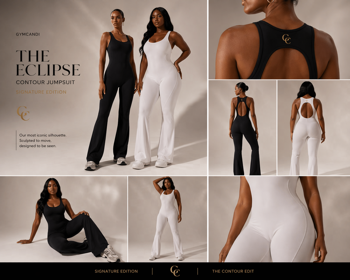 Group of women modeling black and white contour jumpsuits called The Eclipse, showcasing different angles and details of the outfit in a studio setting.
