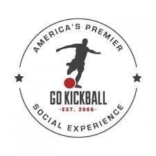 Logo for Go Kickball, an American social experience established in 2006, featuring a soccer player kicking a ball and stars.