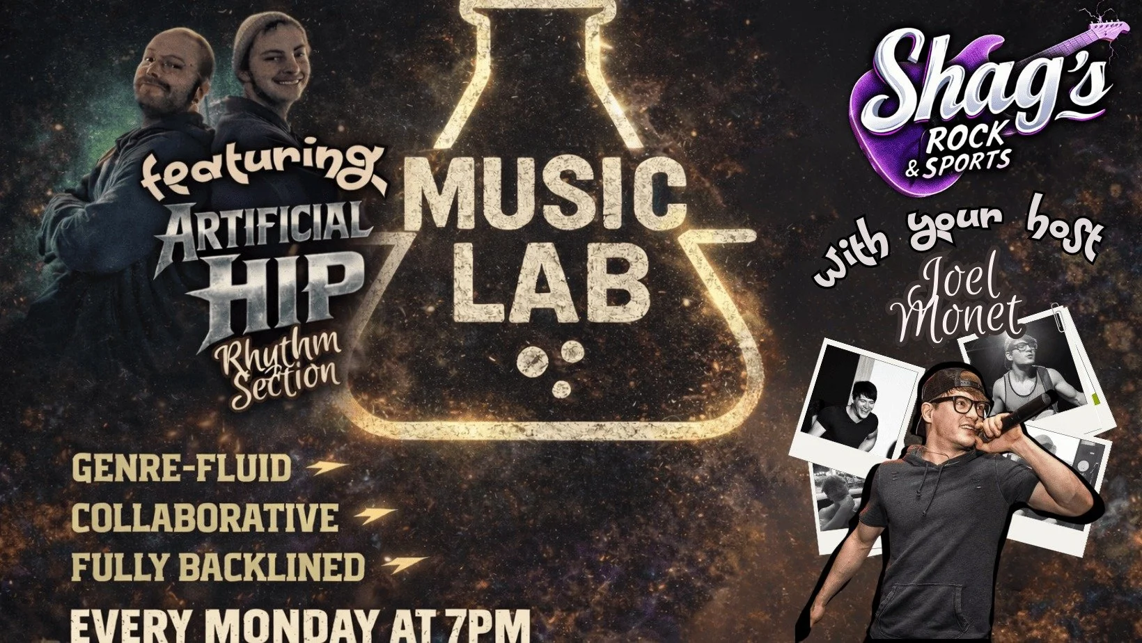 Promotional poster for Shag's Rock & Sports music lab featuring Joel Monet. The poster has a cosmic background with images of performers, including a young man with glasses holding a microphone. Text highlights the event details, including a genre-fluid, collaborative, fully backlined session every Monday at 7 PM.