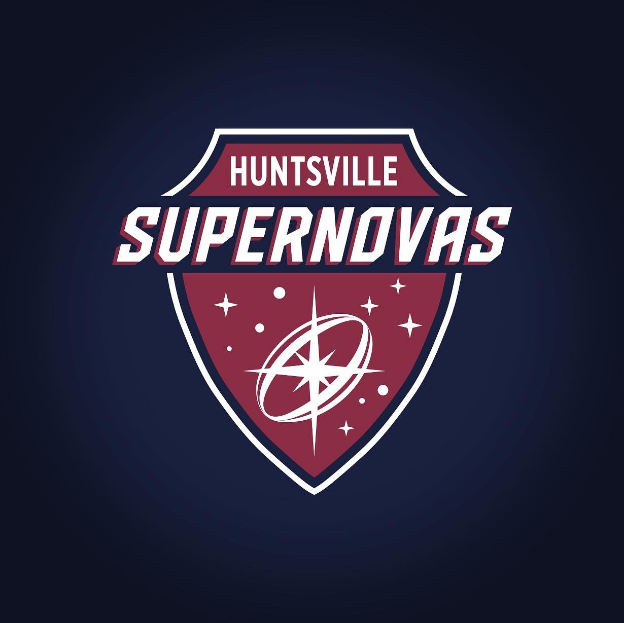 Logo for Huntsville Supernovas, featuring a shield shape with a stylized star and orbit design, and the team name in bold letters.
