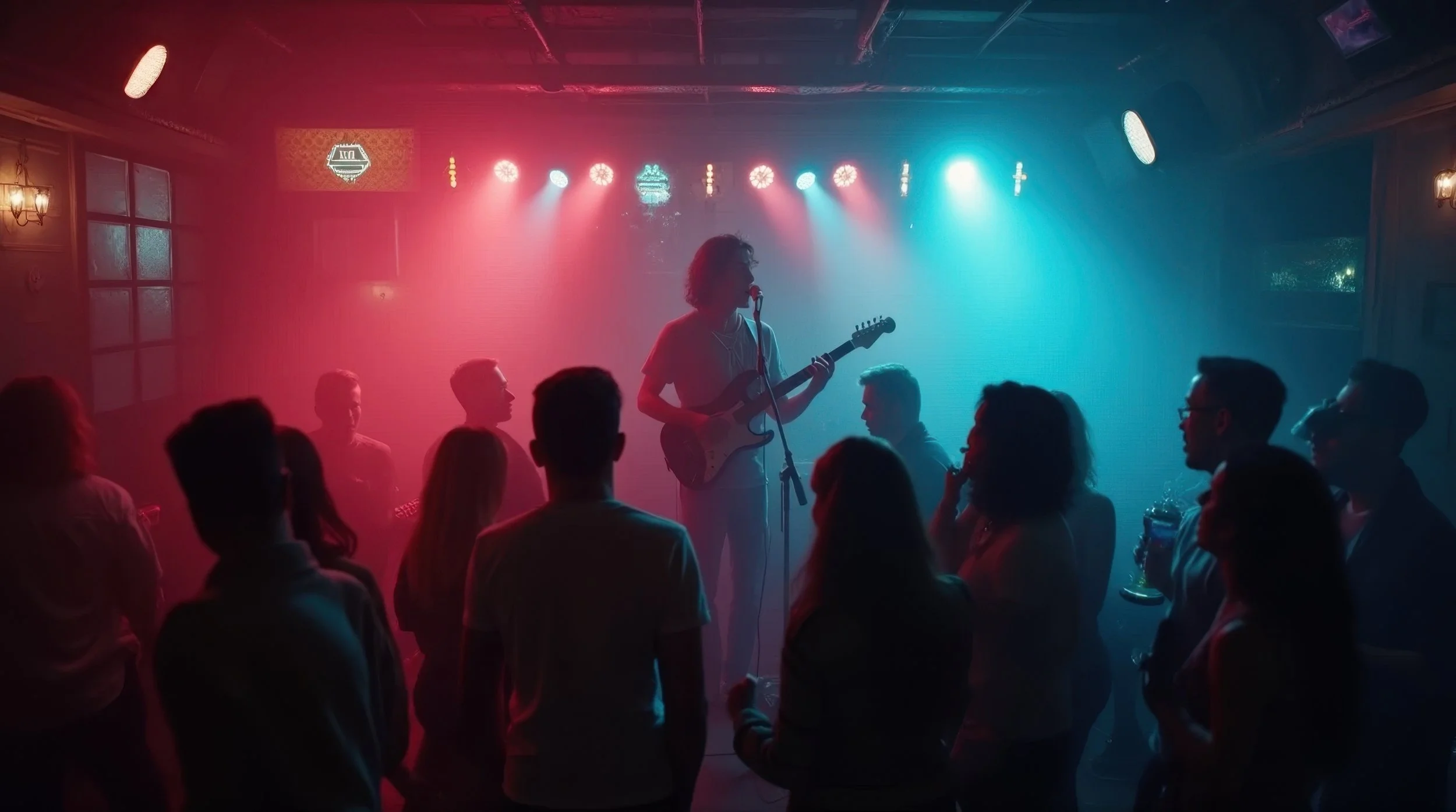 A musician with curly hair playing an electric guitar on stage in a dimly lit venue with colorful lights and an audience watching.