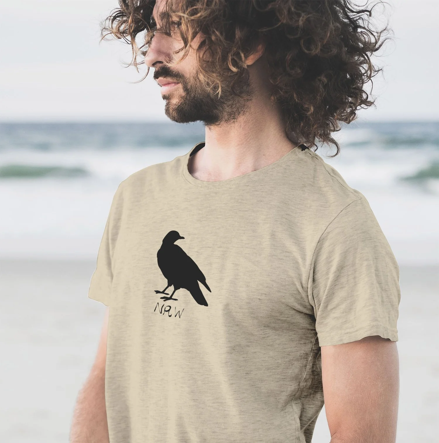 Crow Drawing and Naw Silhouette in Black T-Shirt Sand AC.jpg