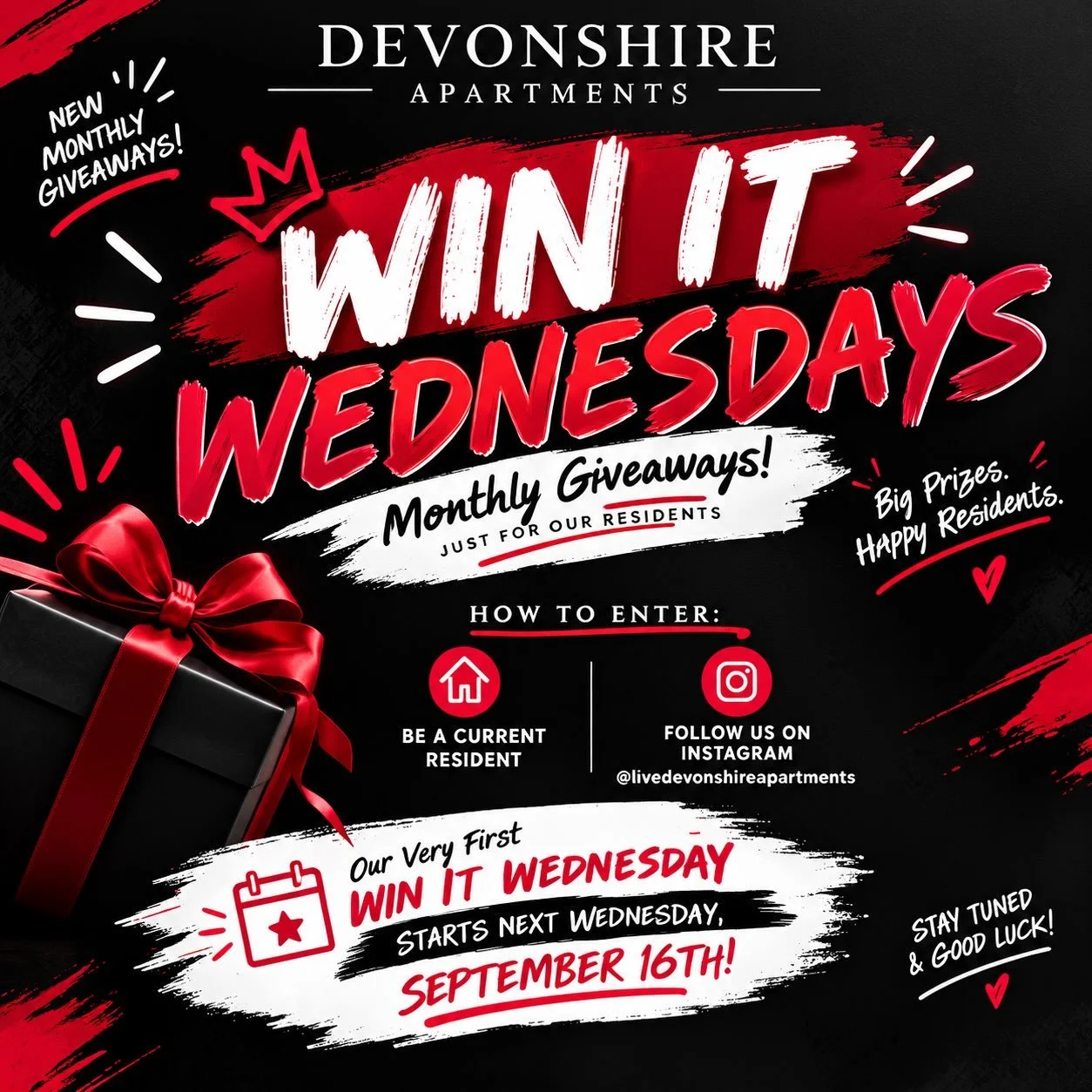 🎁✨ WIN IT WEDNESDAYS has arrived at Devonshire! ✨🎁
Our monthly resident giveaways kick off September 16th! 🏆

Be a current resident + follow @livedevonshireapartments for your chance to WIN! ❤️

Big surprises. Happy residents. Let the winning begi