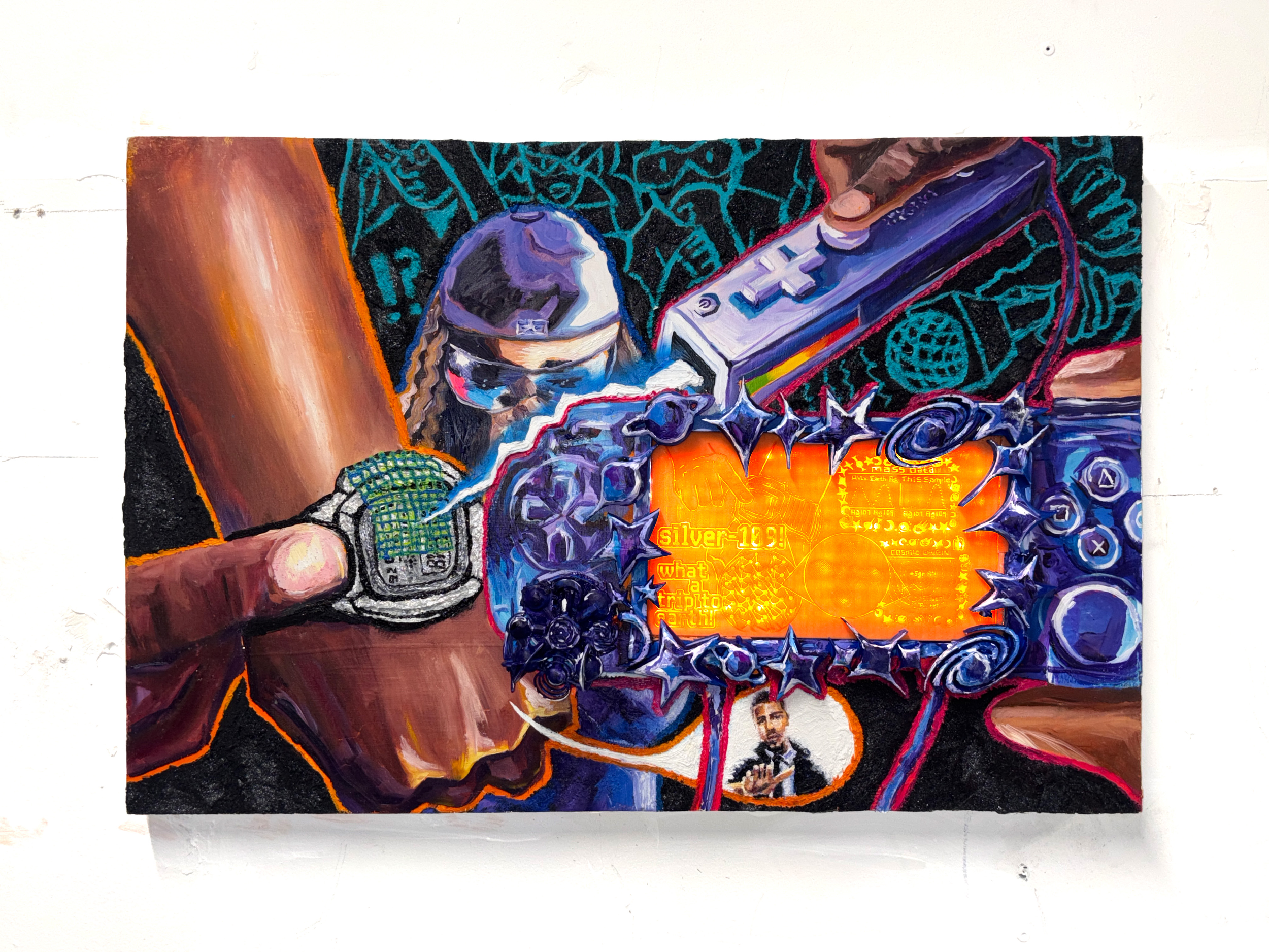 What a trip to Earth!

 

 oil, acrylic, sand, PLA, electromechanical parts on wood, 2026 