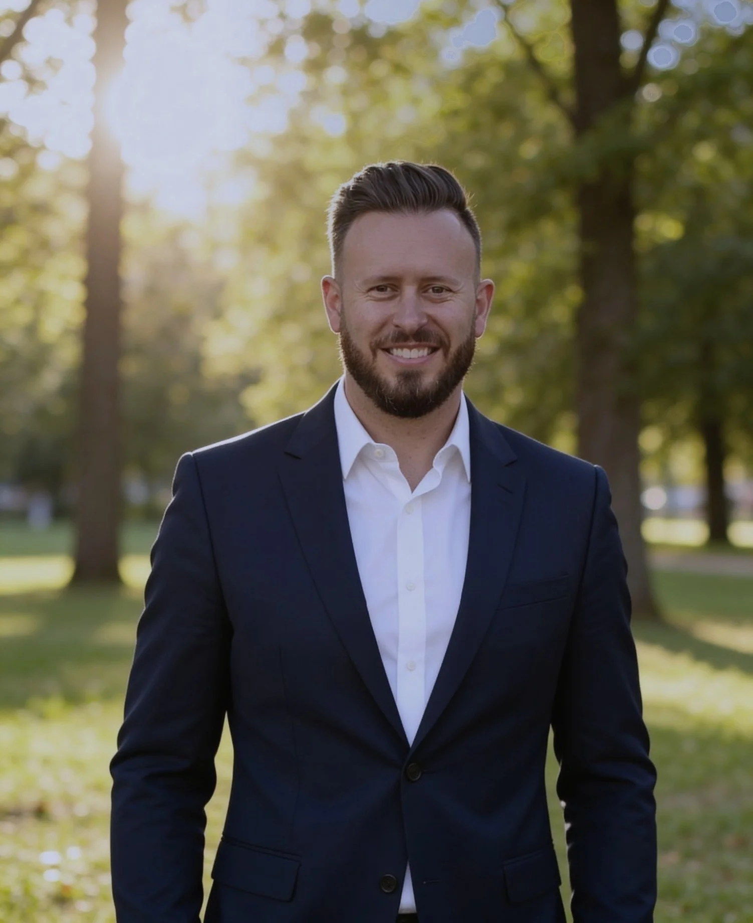 A man wearing a dark suit and white shirt, standing outdoors in a park with trees and sunlight in the background.