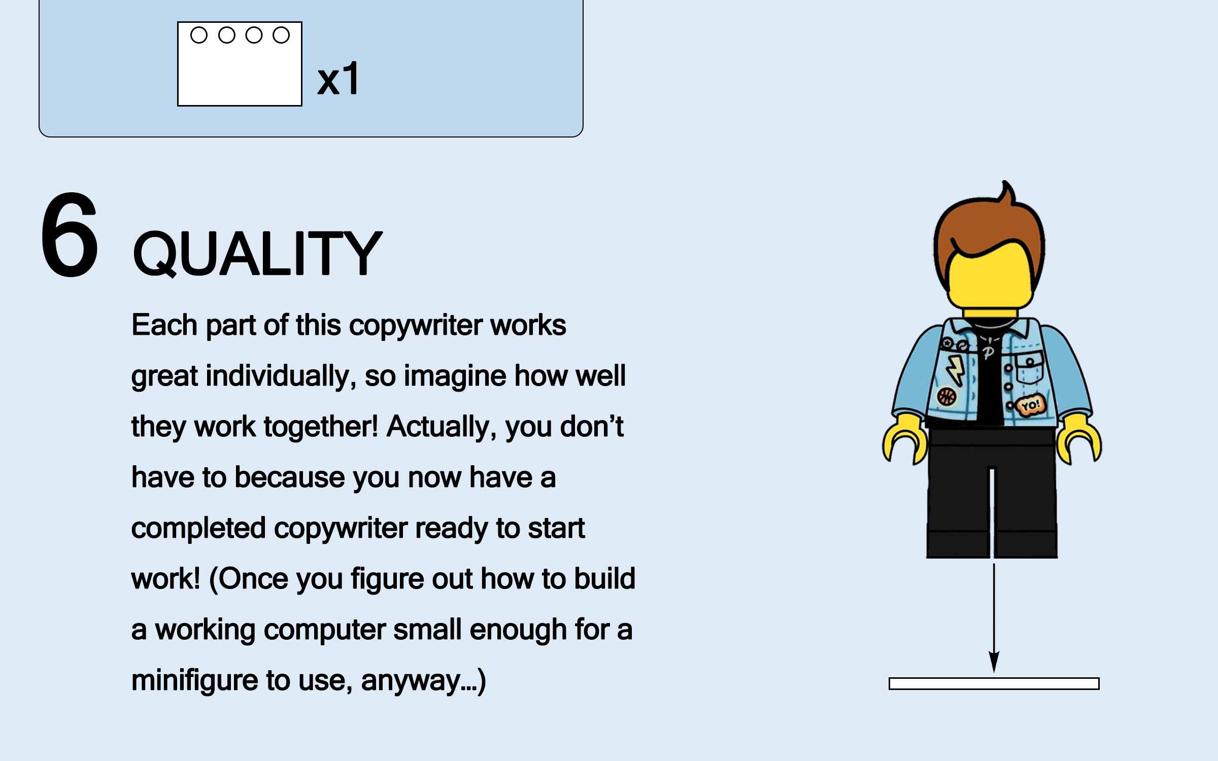 A LEGO minifigure with brown hair, yellow skin, wearing a denim jacket with patches, black pants, standing on a flat white base. To the left, a text block explains the sixth quality of a copywriter's work, emphasizing collaboration and self-sufficiency.