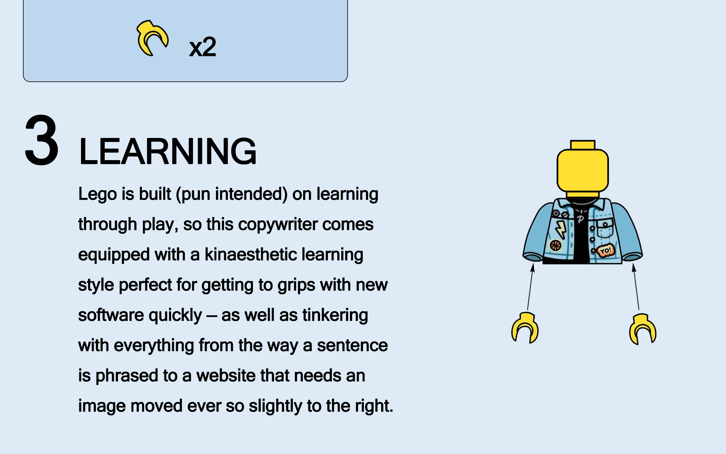 An instructional graphic explaining that Lego is used as a metaphor for learning, depicting a Lego minifigure with a yellow head and blue jacket on the right, and text on the left discussing learning through play and the use of Lego to illustrate kinesthetic, visual, and tactile learning styles.