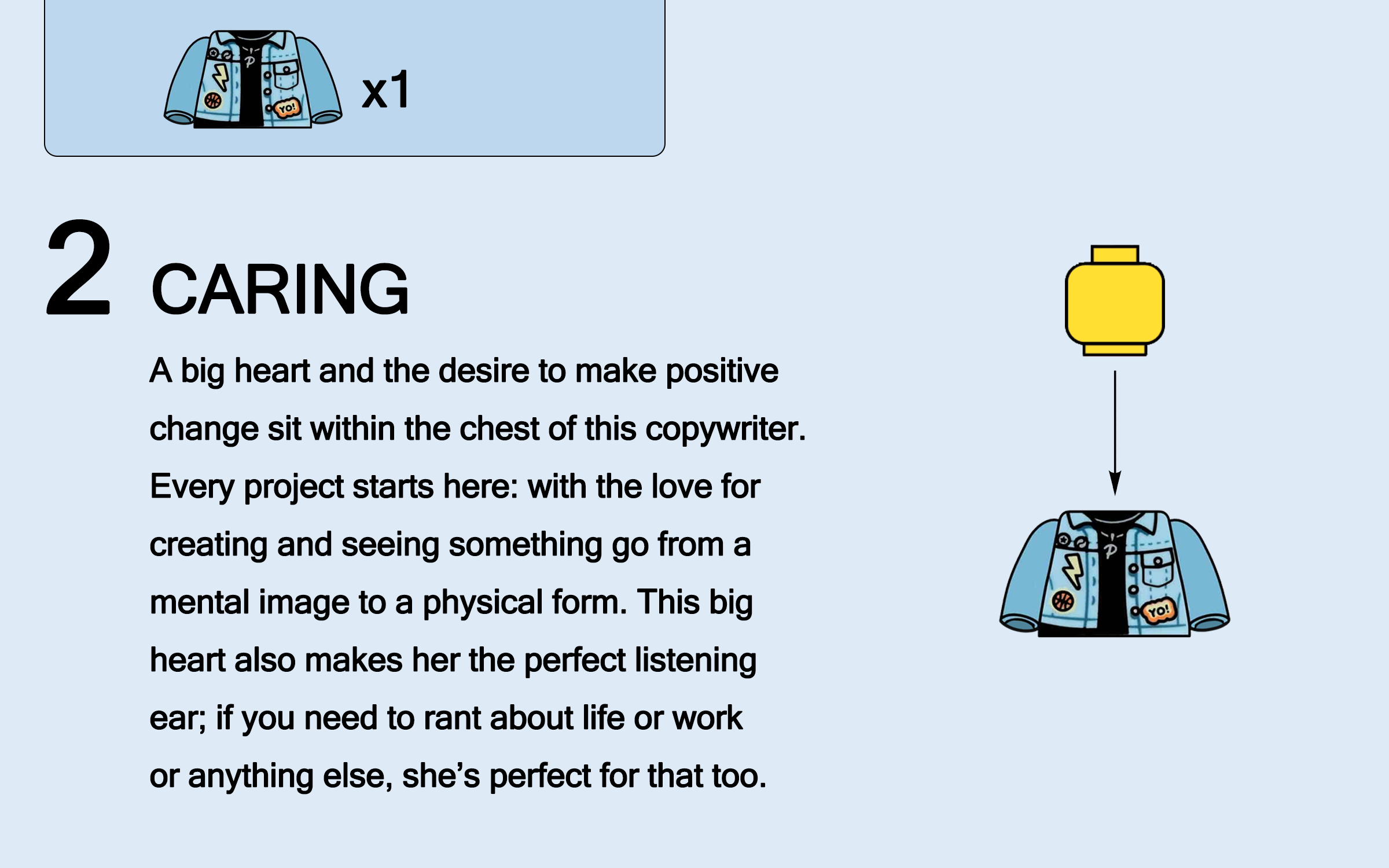 Illustration of a blue jacket decorated with patches, next to a yellow lantern. The jacket has icons and patches, and is linked with an arrow pointing to the jacket, indicating it is a copywriter's jacket.