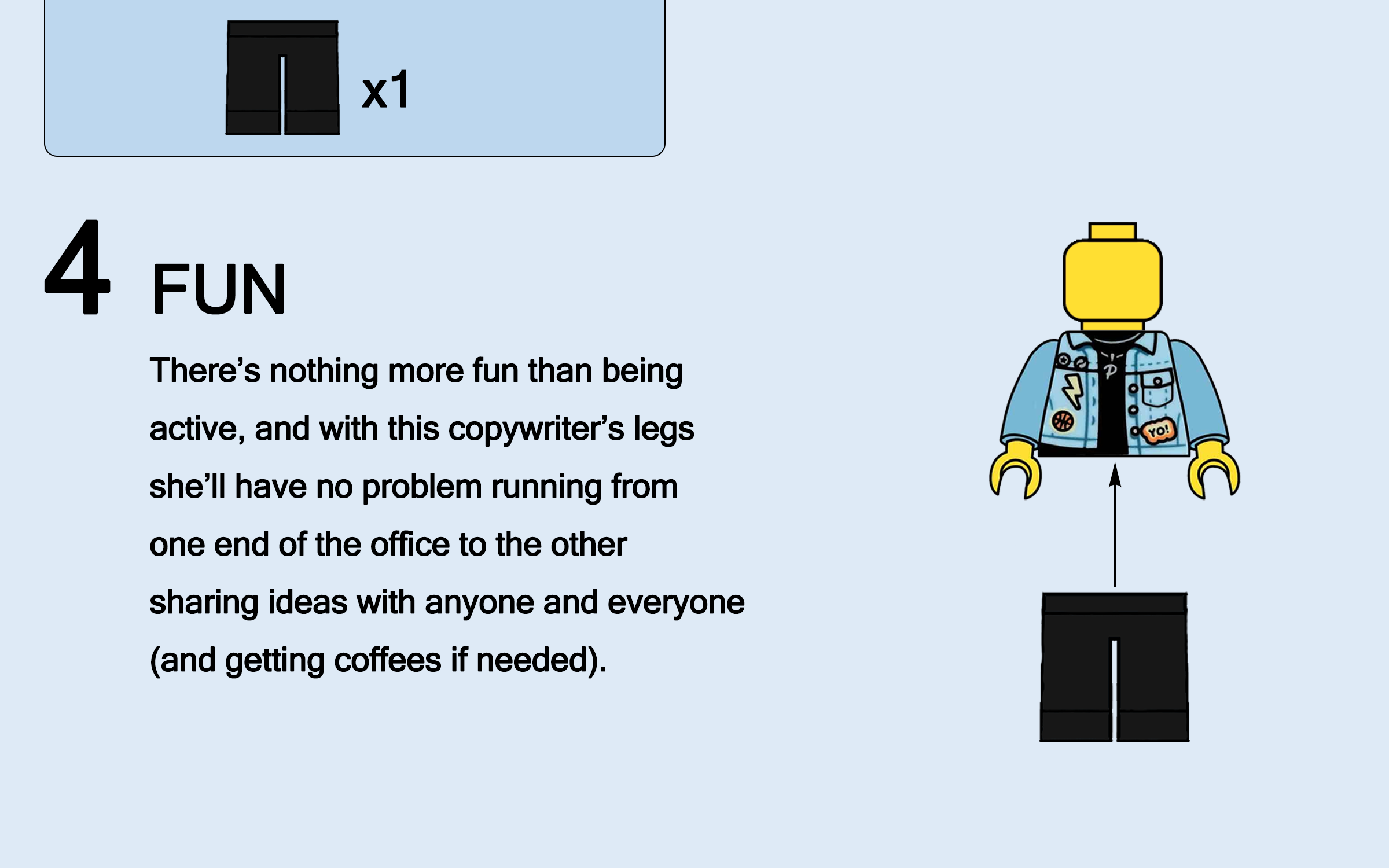 An illustration of a Lego minifigure with a yellow head and hands, wearing a denim jacket with patches, and standing between two large black pant images. The text describes enjoying being active and sharing ideas in an office environment.