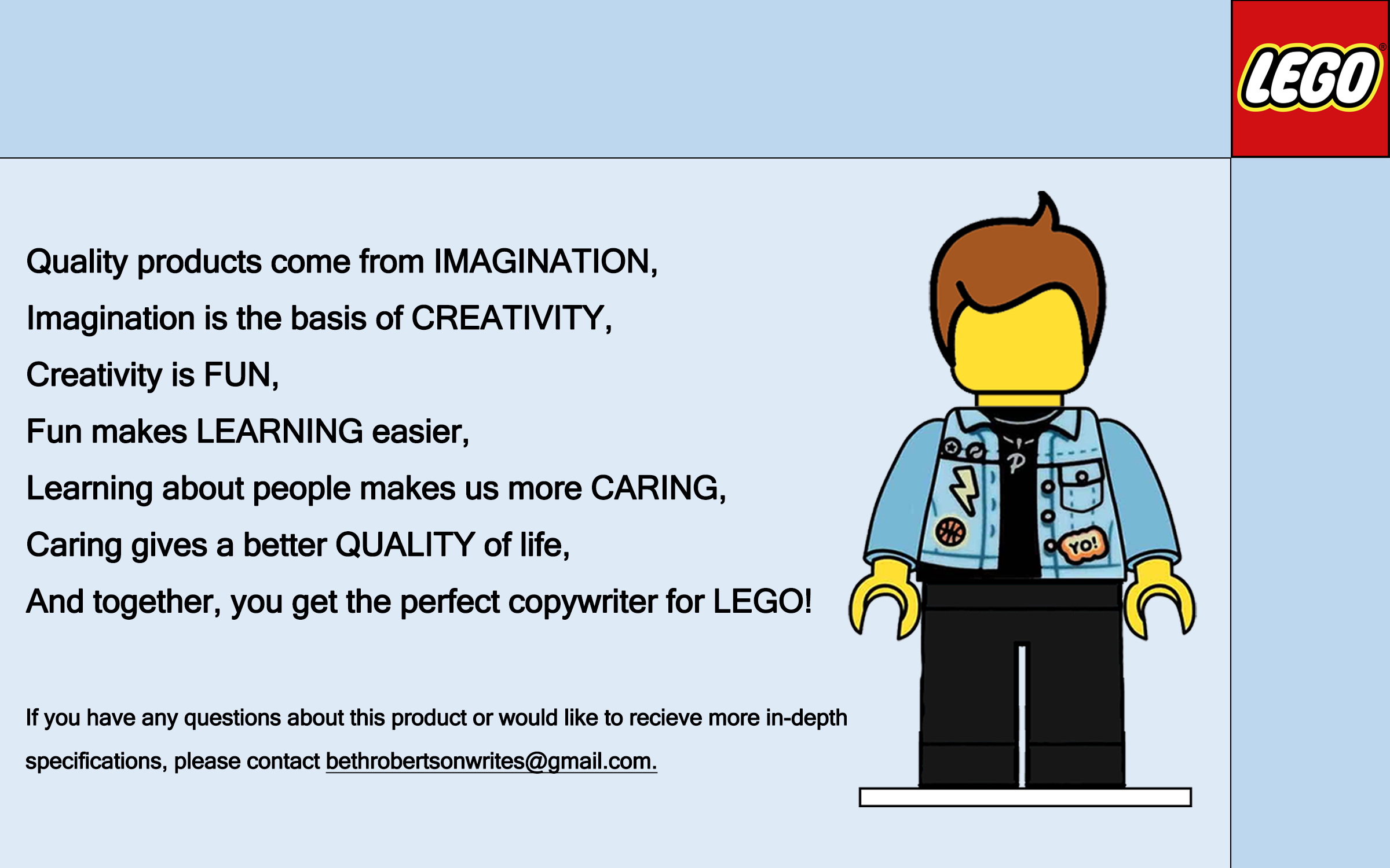 Lego minifigure with brown hair, wearing a light blue denim jacket with patches, black shirt, and black pants, standing next to a paragraph about creativity and learning related to Lego.