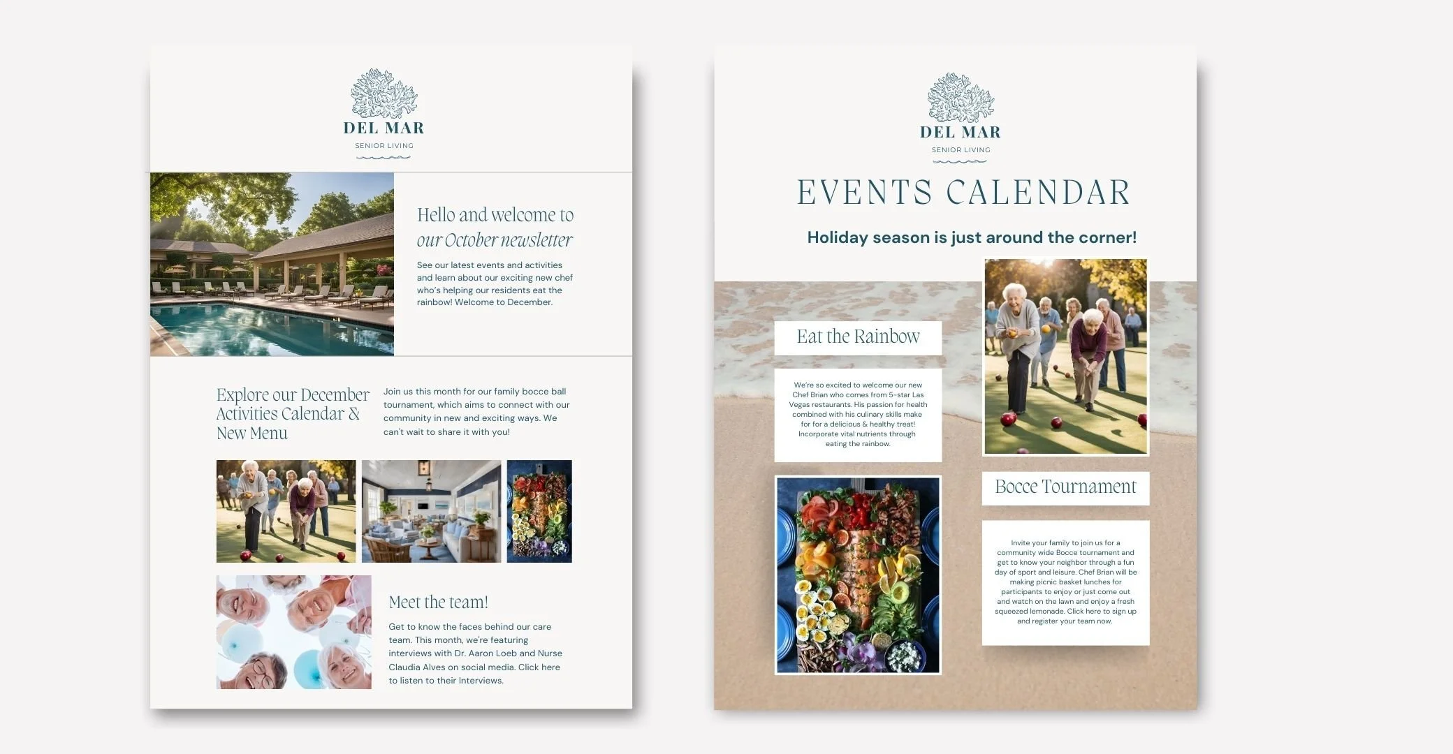 Del Mar Senior Living newsletter and events calendar featuring a swimming pool, bocce tournament, and colorful food display. Includes information about new chef, activities calendar, and meeting the team.