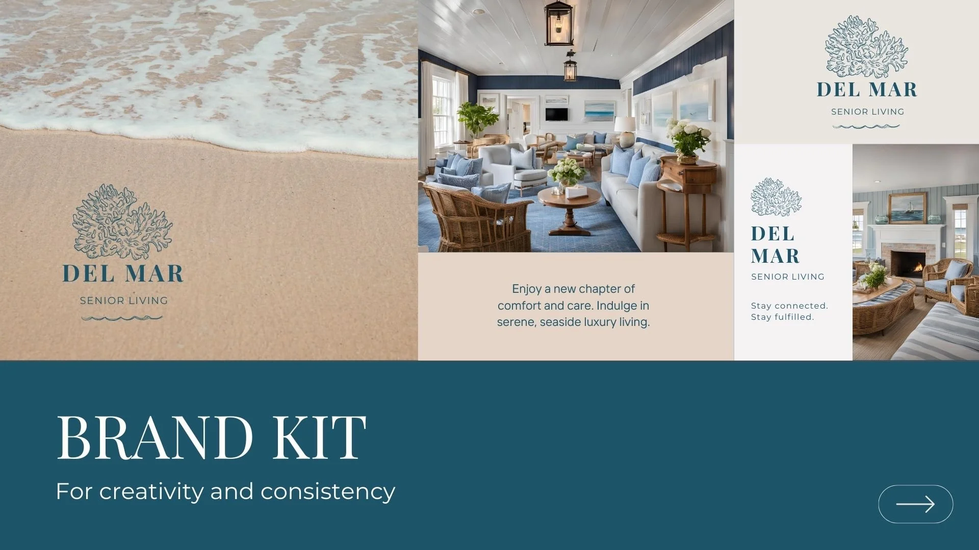 Promotional image for Del Mar Senior Living, showing a beach, interior design, and the text 'Brand Kit: For creativity and consistency.'"