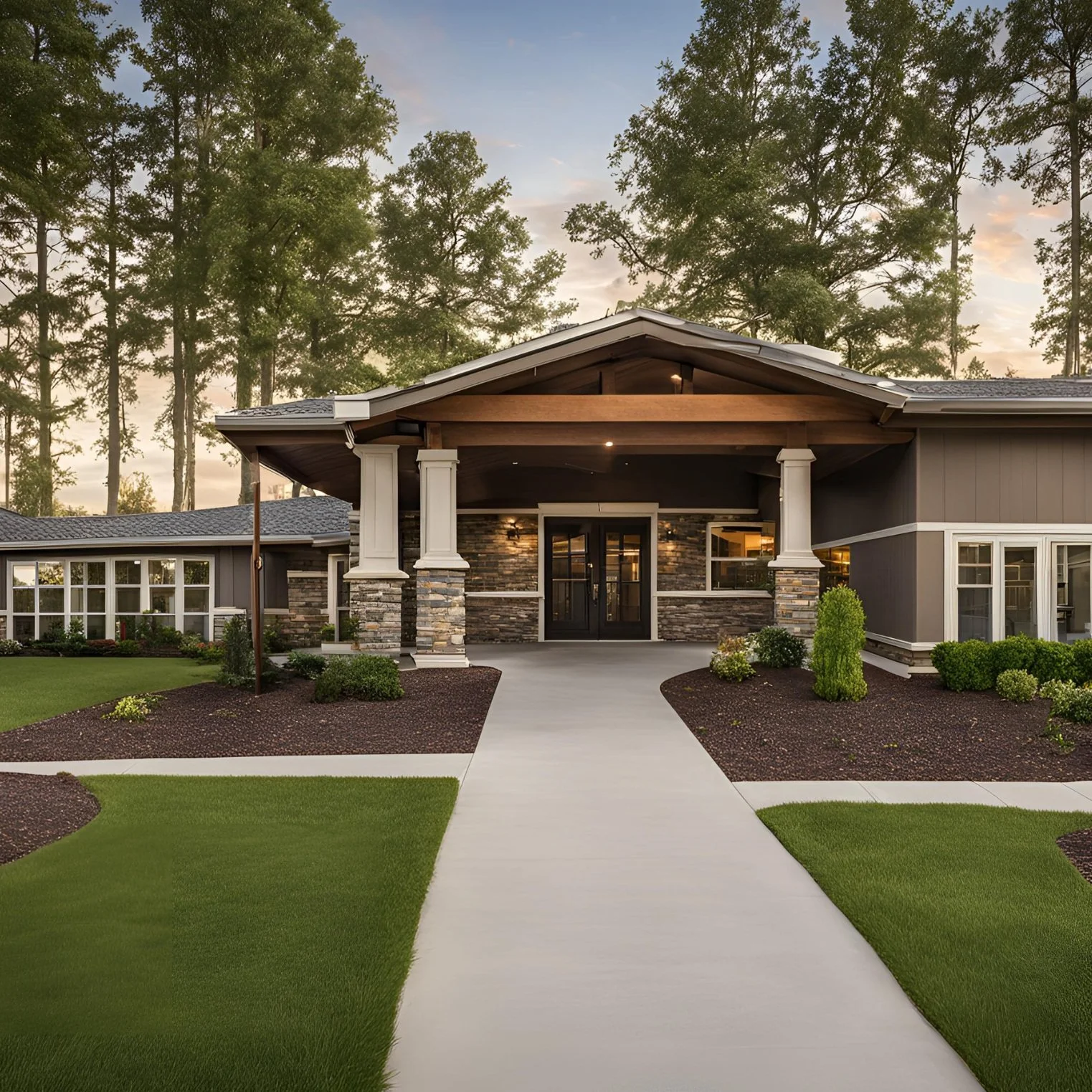 Modern single-story house with a stone facade, large covered entrance, and landscaped front yard with trees in the background.