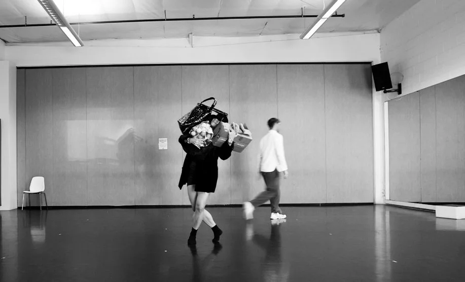 Performers of SMP Dance Company exploring new dance theatre work in rehearsal in Santa Barbara.