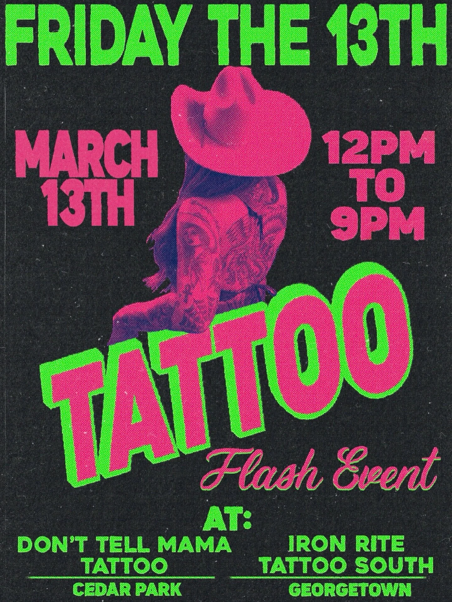 Friday the 13th&hellip; Our Lucky Day 🍀

🗓️ Friday, March 13
⏰ 12 PM &ndash; 9 PM

✖️$130 tattoos- Cash Only! 
✖️Arms &amp; Legs 
✖️Palm-size ish/ color or black &amp; grey
✖️First come, first served- walk-ins only

👀 Full flash sheets will be pos