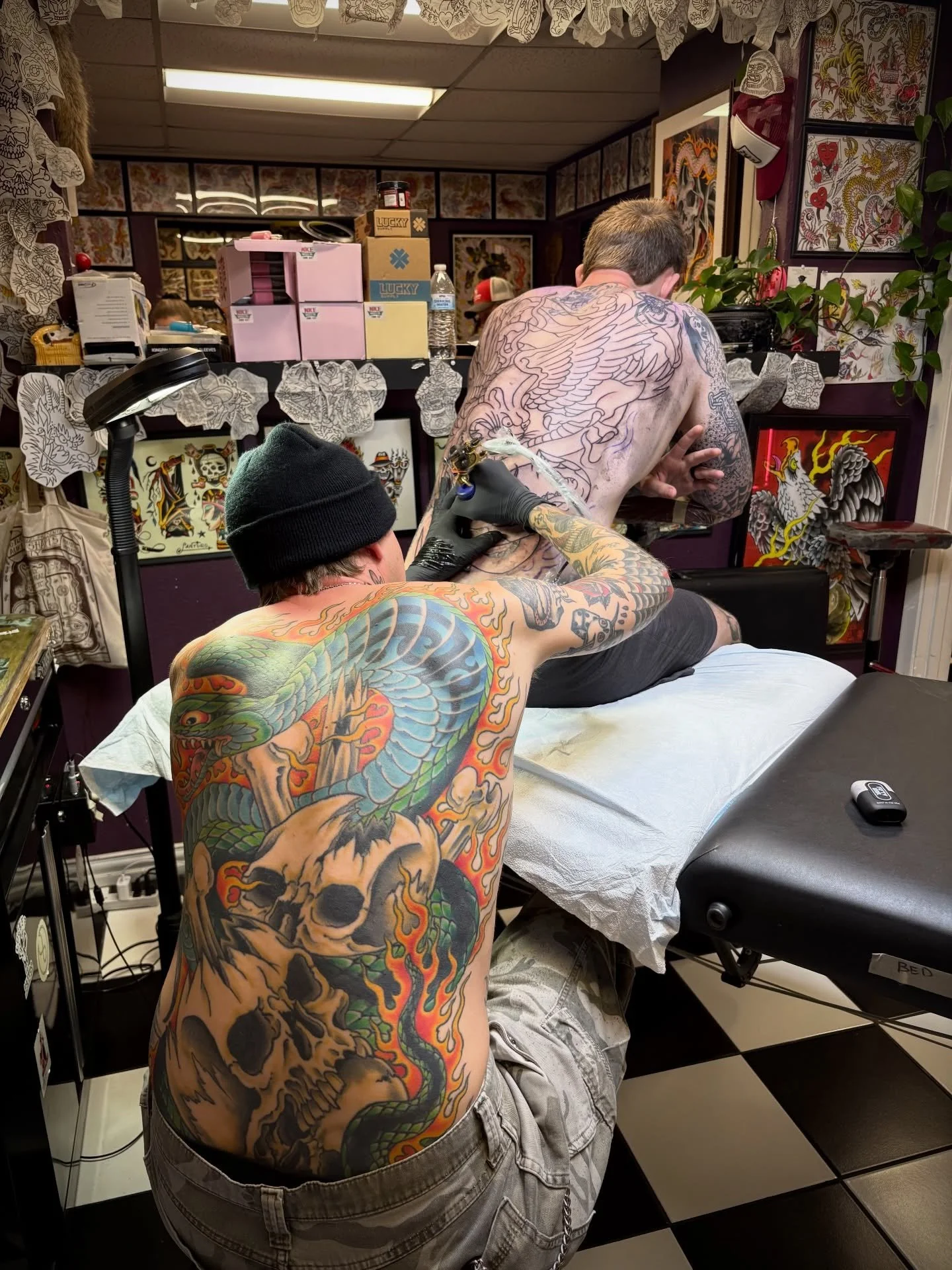 Finished back piece vs. first session🔥 This is your sign to get booked now with @johnsokol_ !!

#GeorgetownTX #GeorgetownTattoo #TattooShop
#traditionaltattoos #backpiece