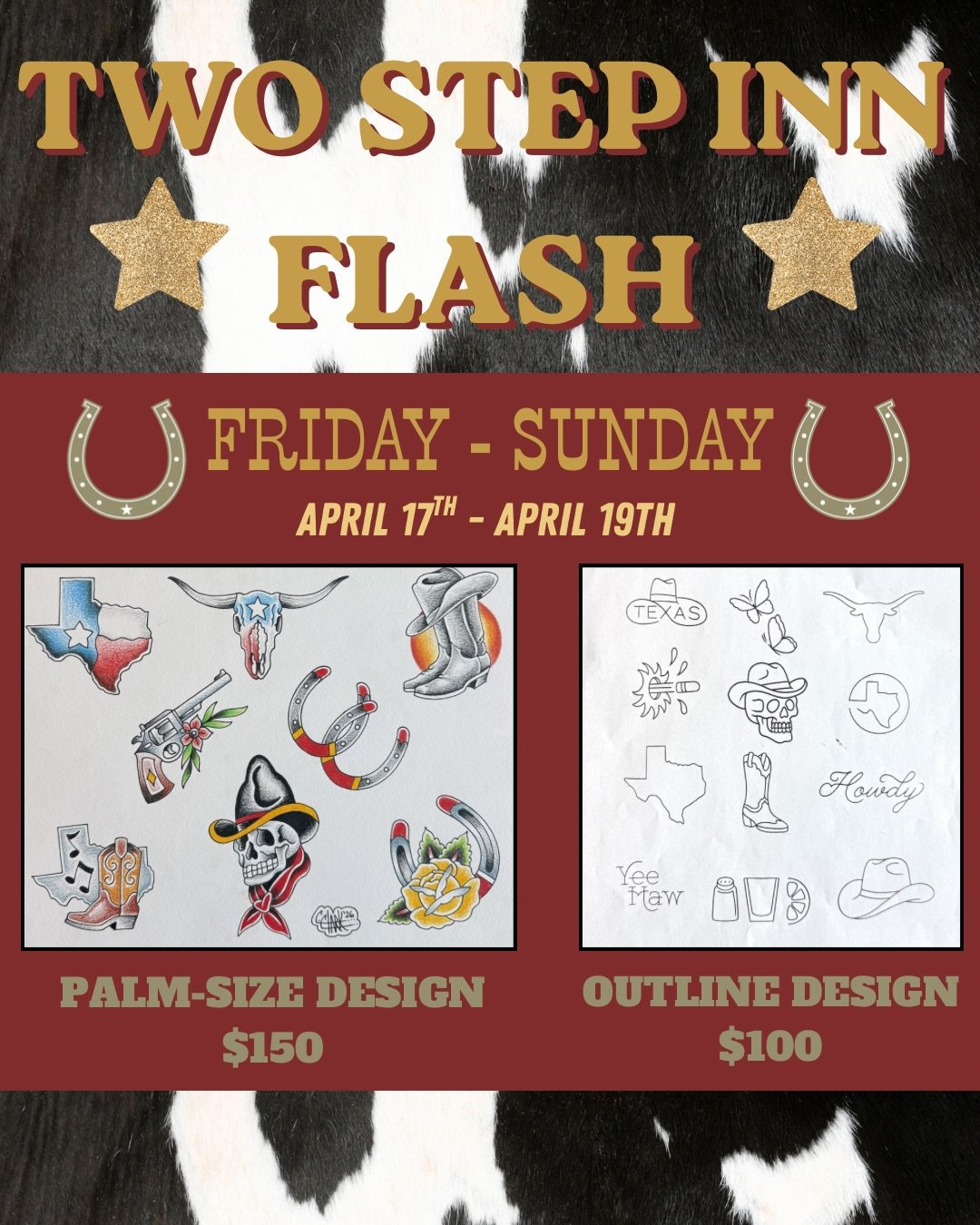 Step right into Two Step-Inn festival with a new tattoo!!
 
Iron Rite Tattoo South &amp; Don&rsquo;t Tell Mama Tattoo🤠
Friday the 17th through Sunday the 19th!!

$100 sheet
⭐️ Outline only
⭐️ Arms and legs only

$150 sheet
⭐️ Color or black and grey