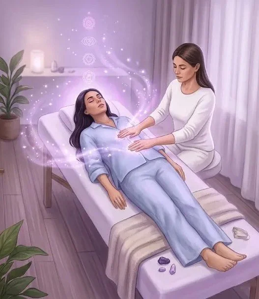 An illustration of a woman lying on a massage table, with a practitioner performing energy healing. Light and sparkles surround the woman, indicating a healing or spiritual process.