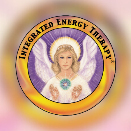 Illustration of an angel with purple wings, holding a glowing crystal, surrounded by a yellow ring with the text 'Integrated Energy Therapy'.