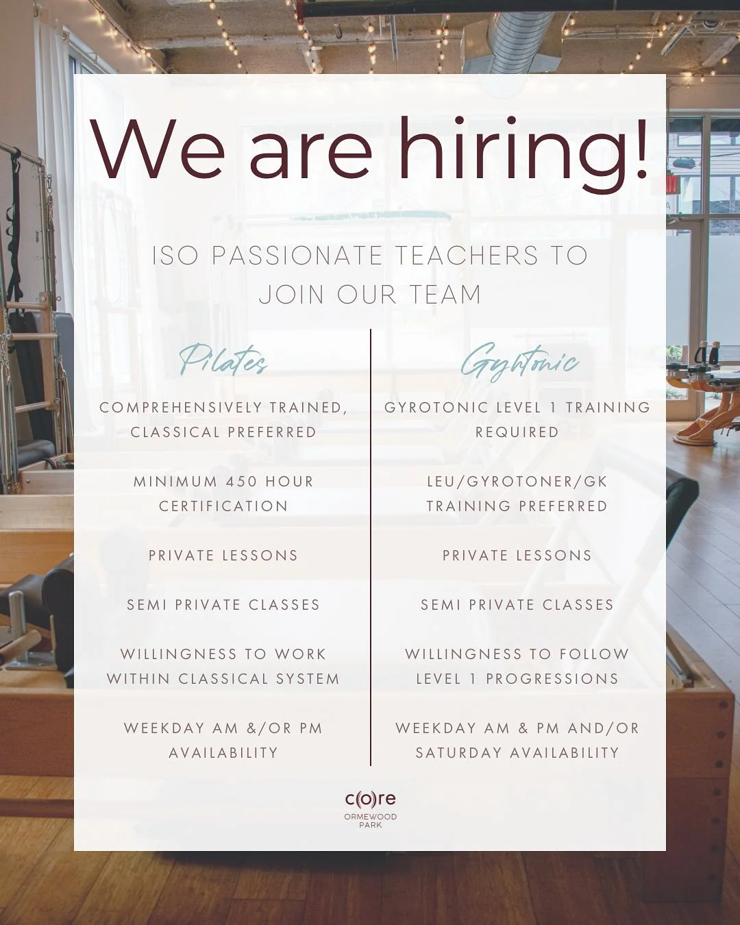 Are you a Pilates or Gyrotonic instructor? Looking for your next opportunity or teaching home? We are expanding our team - seeking a comprehensively trained Pilates teacher and a Gyrotonic teacher for private lesson and semi private class instruction
