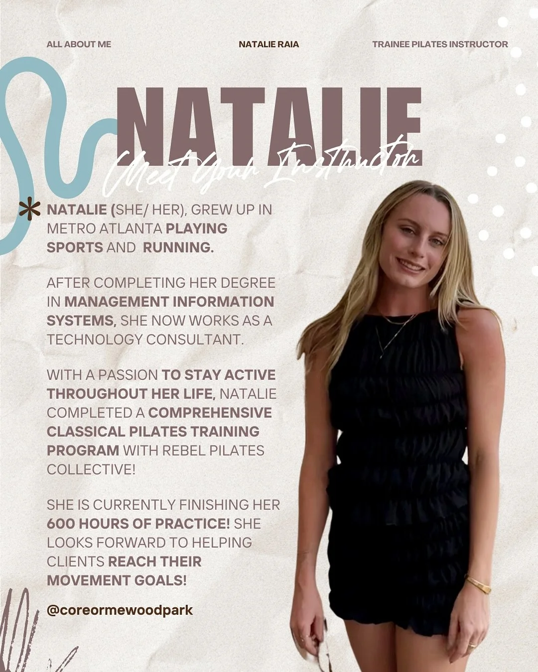Meet Natalie, our NEW Pilates Trainee Instructor at CORE Ormewood Park!⁠🩵
⁠
Currently finishing up her 600-hour Rebel Pilates Collective Certification, Natalie is a runner and works as a technology consultant! 
⁠
With Natalie on board, we now have p